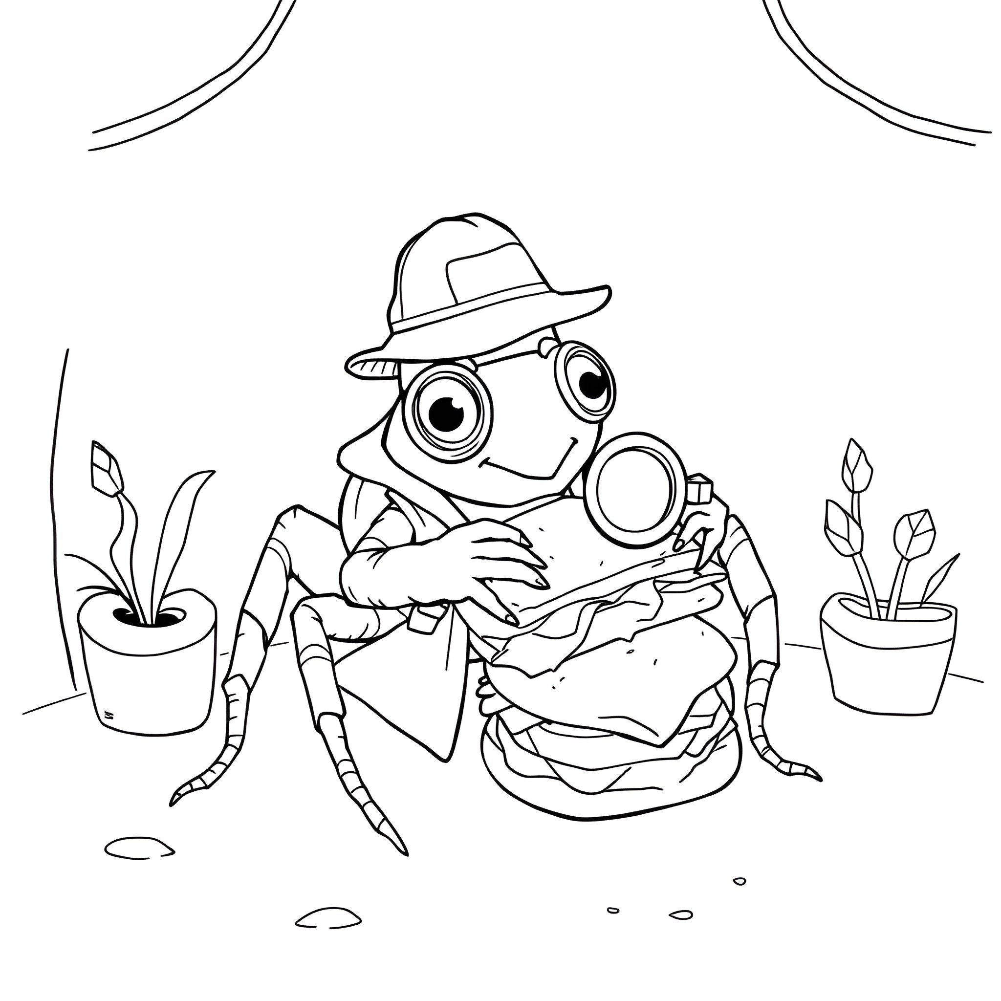 Spider gardener tending to plants Coloring Page (free black-and-white line drawing printable PDF for all, from beginners to advanced learners, including children, teens, adults, and seniors)