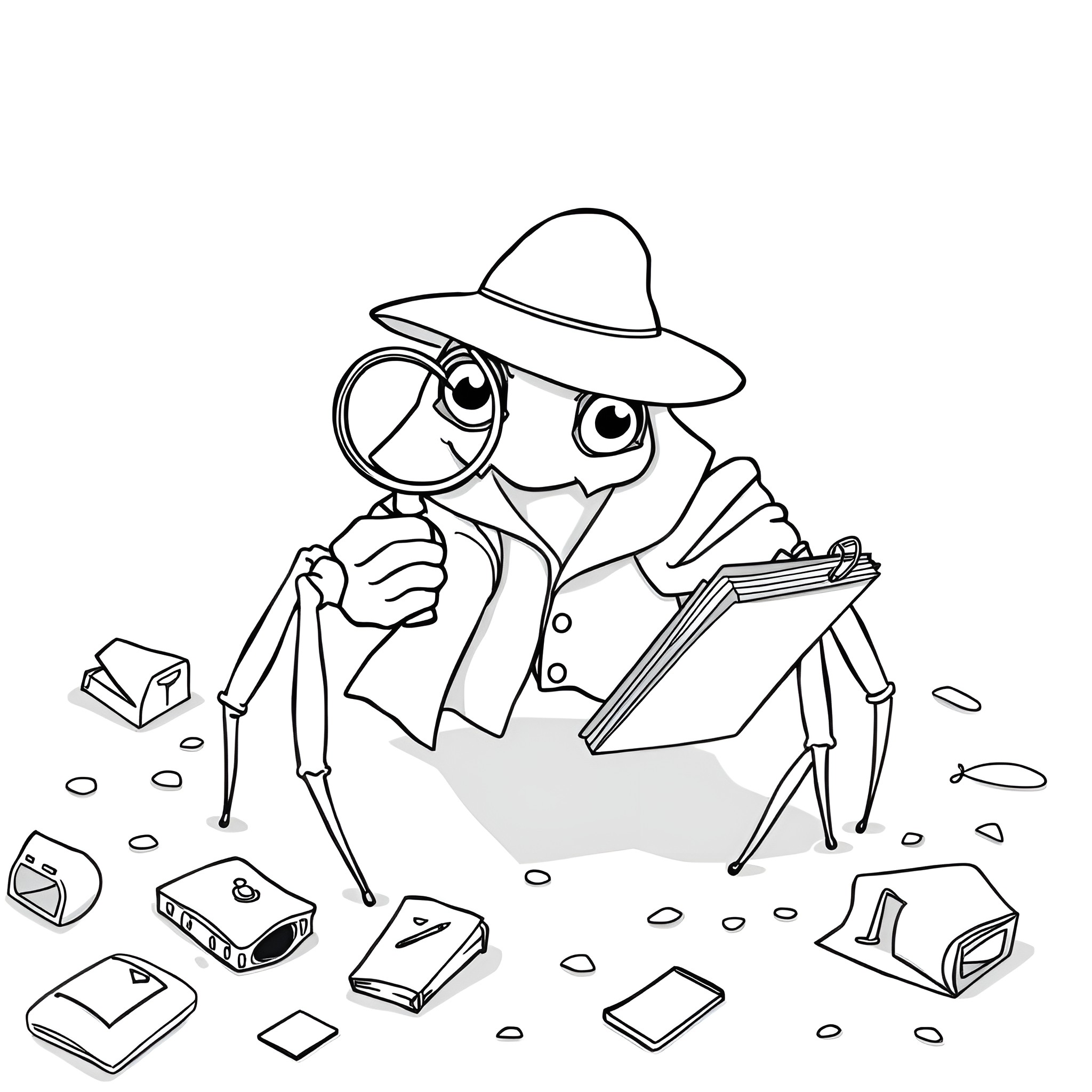 Spider detective investigates the crime scene Coloring Page (free black-and-white line drawing printable PDF for all, from beginners to advanced learners, including children, teens, adults, and seniors)