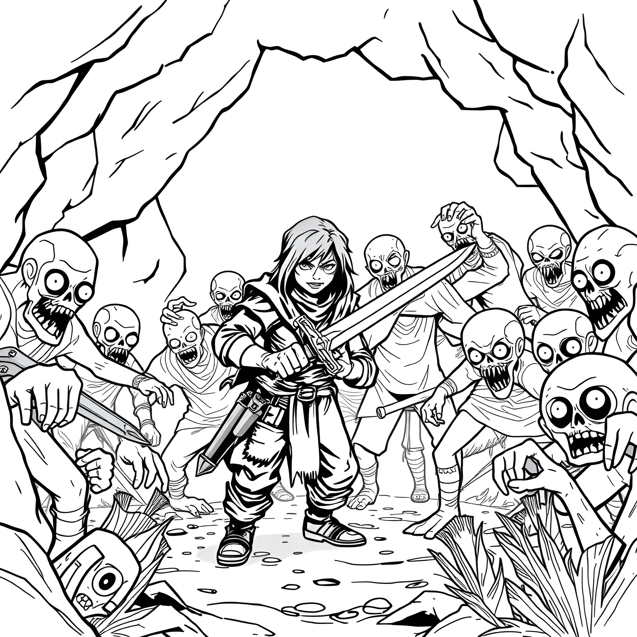 Villager fighting against zombie horde in a dark cave Coloring Page (free black-and-white line drawing printable PDF for all, from beginners to advanced learners, including children, teens, adults, and seniors)