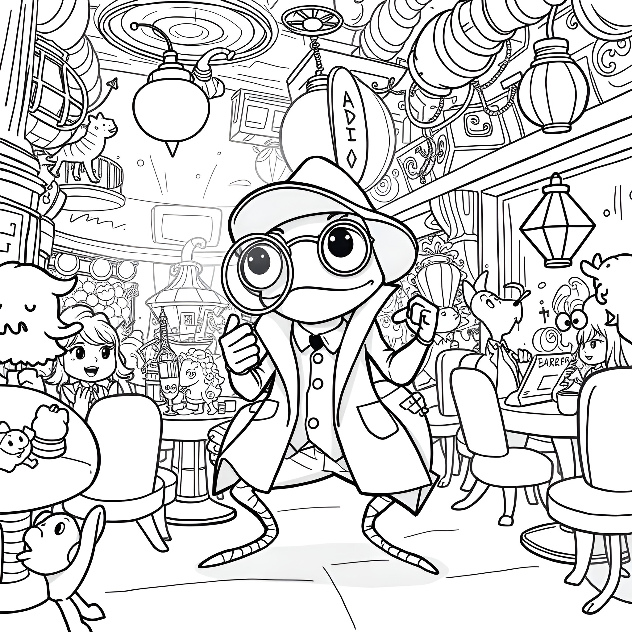 Spider-like character exploring a whimsical, fantastical scene Coloring Page (free black-and-white line drawing printable PDF for all, from beginners to advanced learners, including children, teens, adults, and seniors)