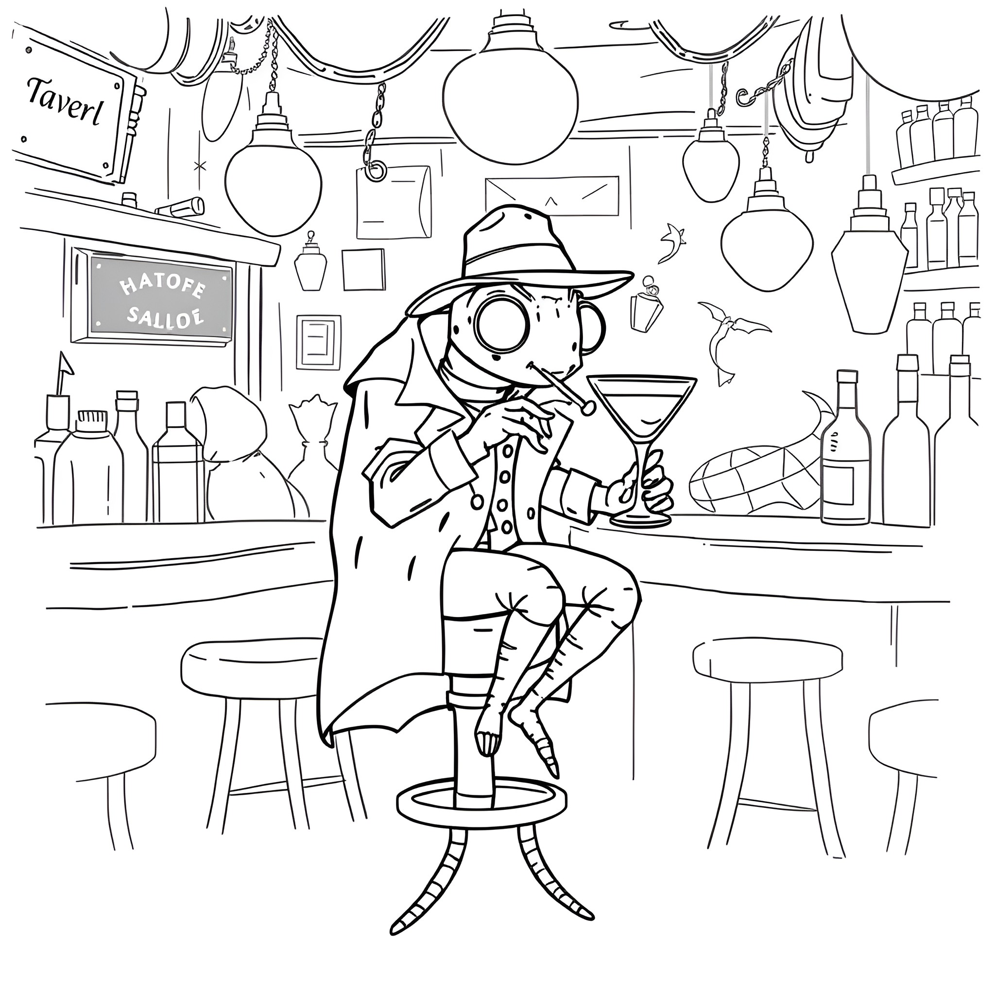 Spider-themed detective in a lively bar scene Coloring Page (free black-and-white line drawing printable PDF for all, from beginners to advanced learners, including children, teens, adults, and seniors)