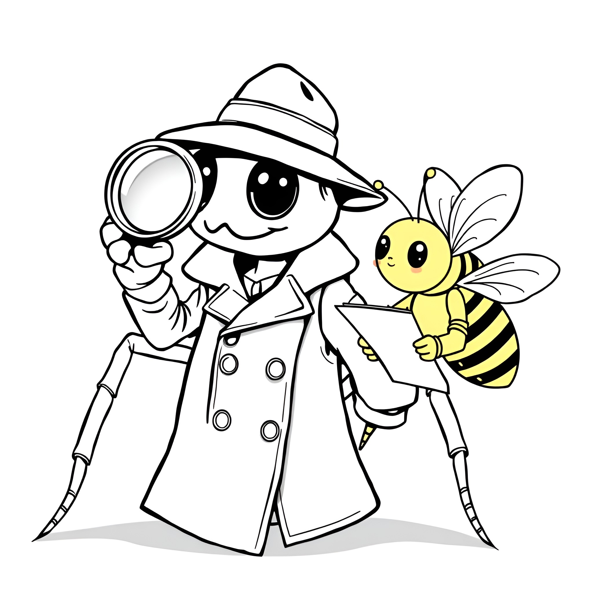 Spider detective examining honey bee Coloring Page (free black-and-white line drawing printable PDF for all, from beginners to advanced learners, including children, teens, adults, and seniors)