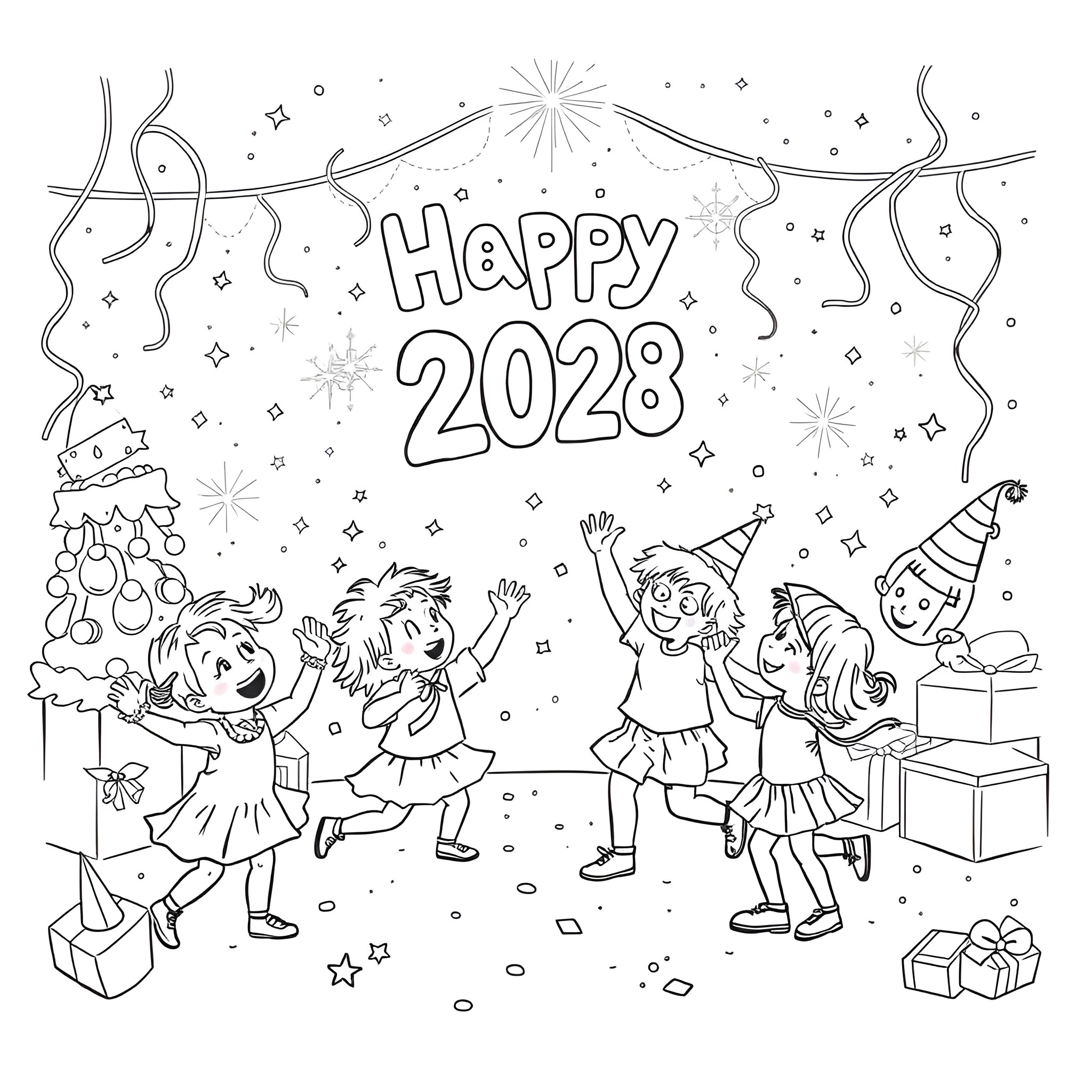Children celebrating the New Year 2023 Coloring Page (free black-and-white line drawing printable PDF for all, from beginners to advanced learners, including children, teens, adults, and seniors)