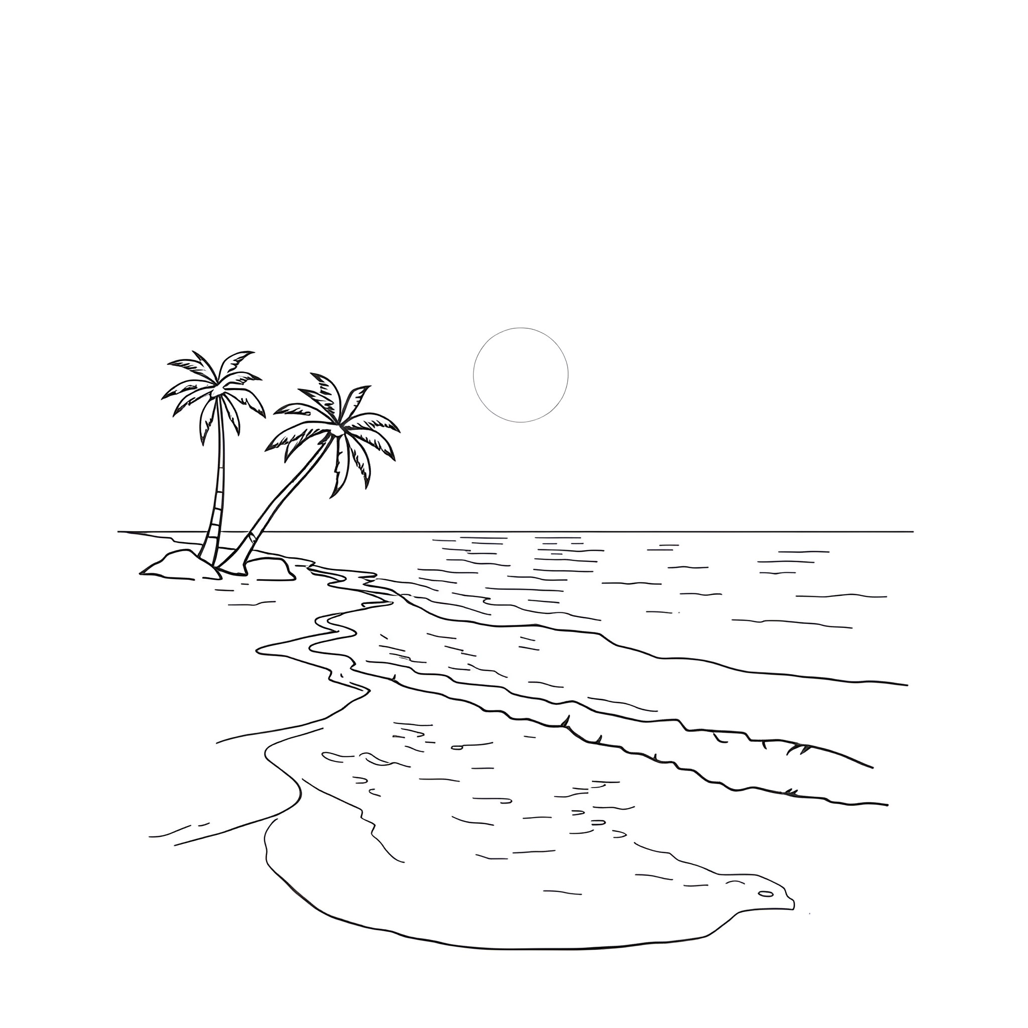 Nature scene with palm trees and sandy beach Coloring Page (free black-and-white line drawing printable PDF for all, from beginners to advanced learners, including children, teens, adults, and seniors)