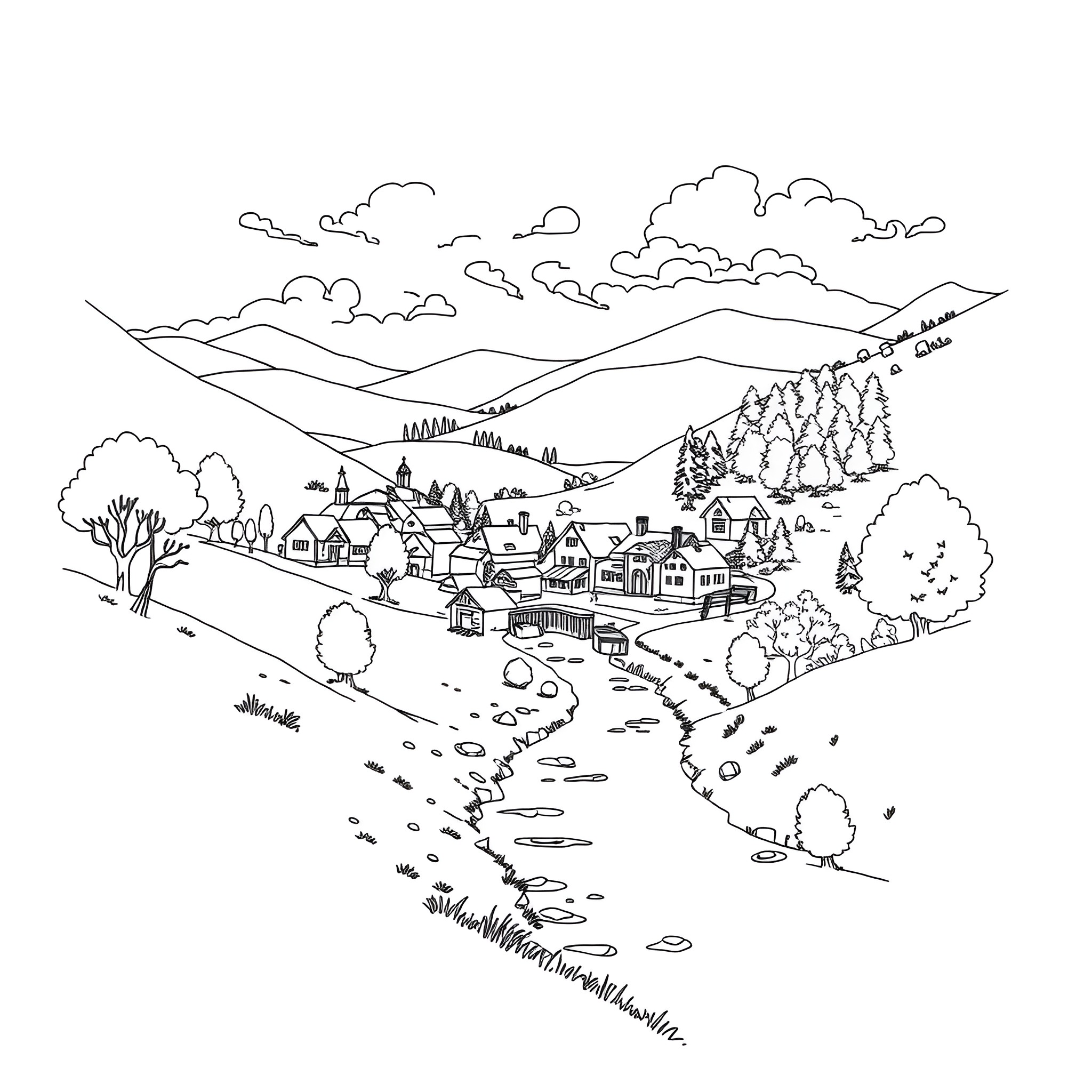 Nature landscape with rural village and hills Coloring Page (free black-and-white line drawing printable PDF for all, from beginners to advanced learners, including children, teens, adults, and seniors)