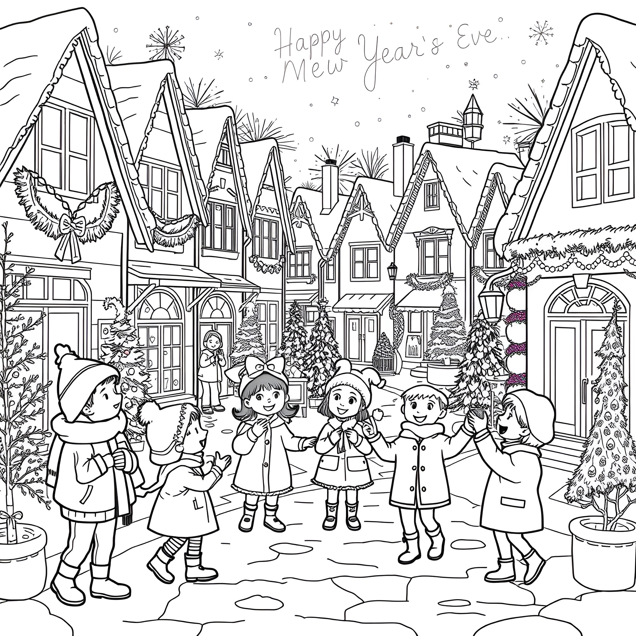Children celebrating New Year's Eve in a festive town Coloring Page (free black-and-white line drawing printable PDF for all, from beginners to advanced learners, including children, teens, adults, and seniors)