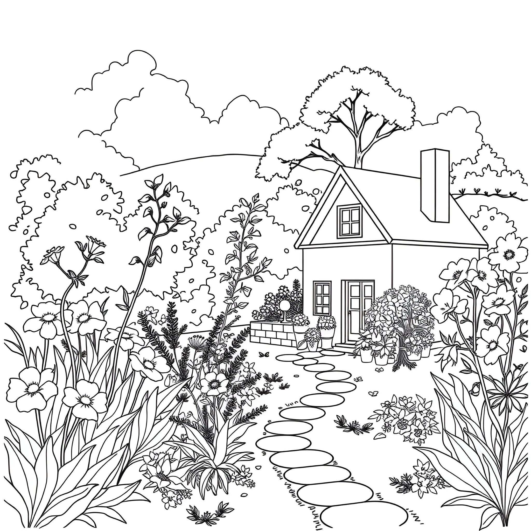 Garden with a cozy cottage and lush vegetation Coloring Page (free black-and-white line drawing printable PDF for all, from beginners to advanced learners, including children, teens, adults, and seniors)