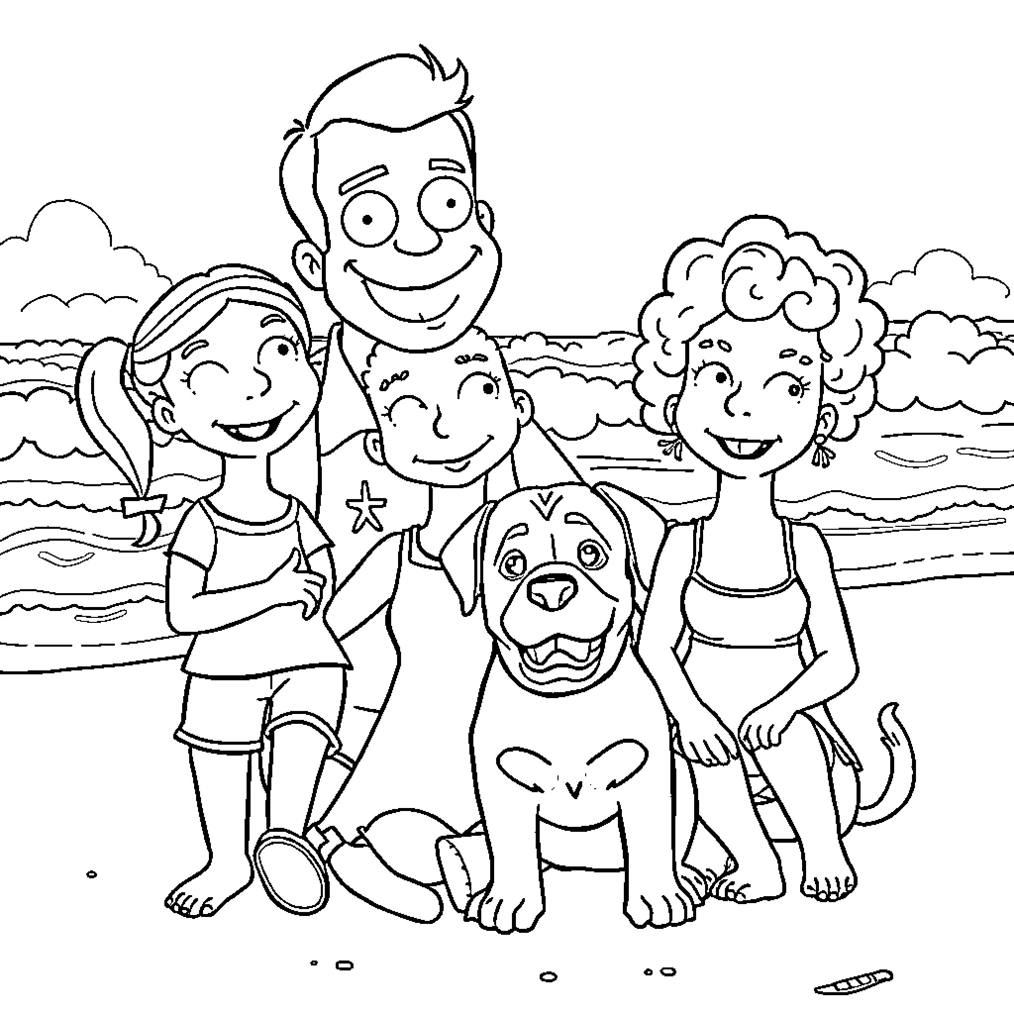 Family enjoying a day at the beach Coloring Page (free black-and-white line drawing printable PDF for all, from beginners to advanced learners, including children, teens, adults, and seniors)