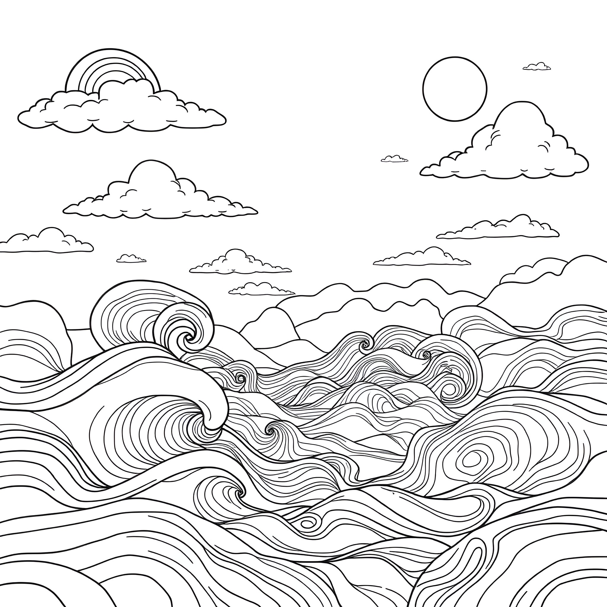 Scene of waves and clouds in the sky Coloring Page (free black-and-white line drawing printable PDF for all, from beginners to advanced learners, including children, teens, adults, and seniors)