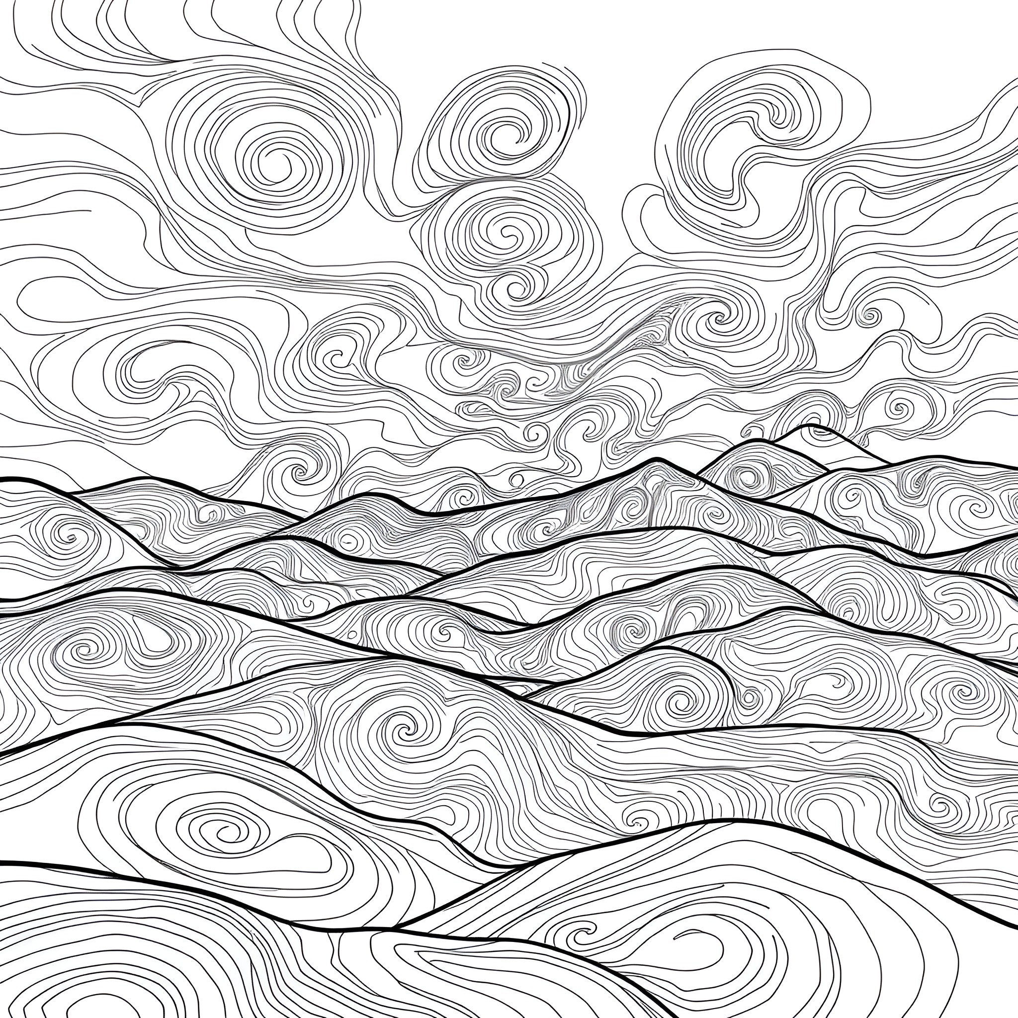 Rainbow Landscape of Swirling Clouds and Rolling Hills Coloring Page (free black-and-white line drawing printable PDF for all, from beginners to advanced learners, including children, teens, adults, and seniors)