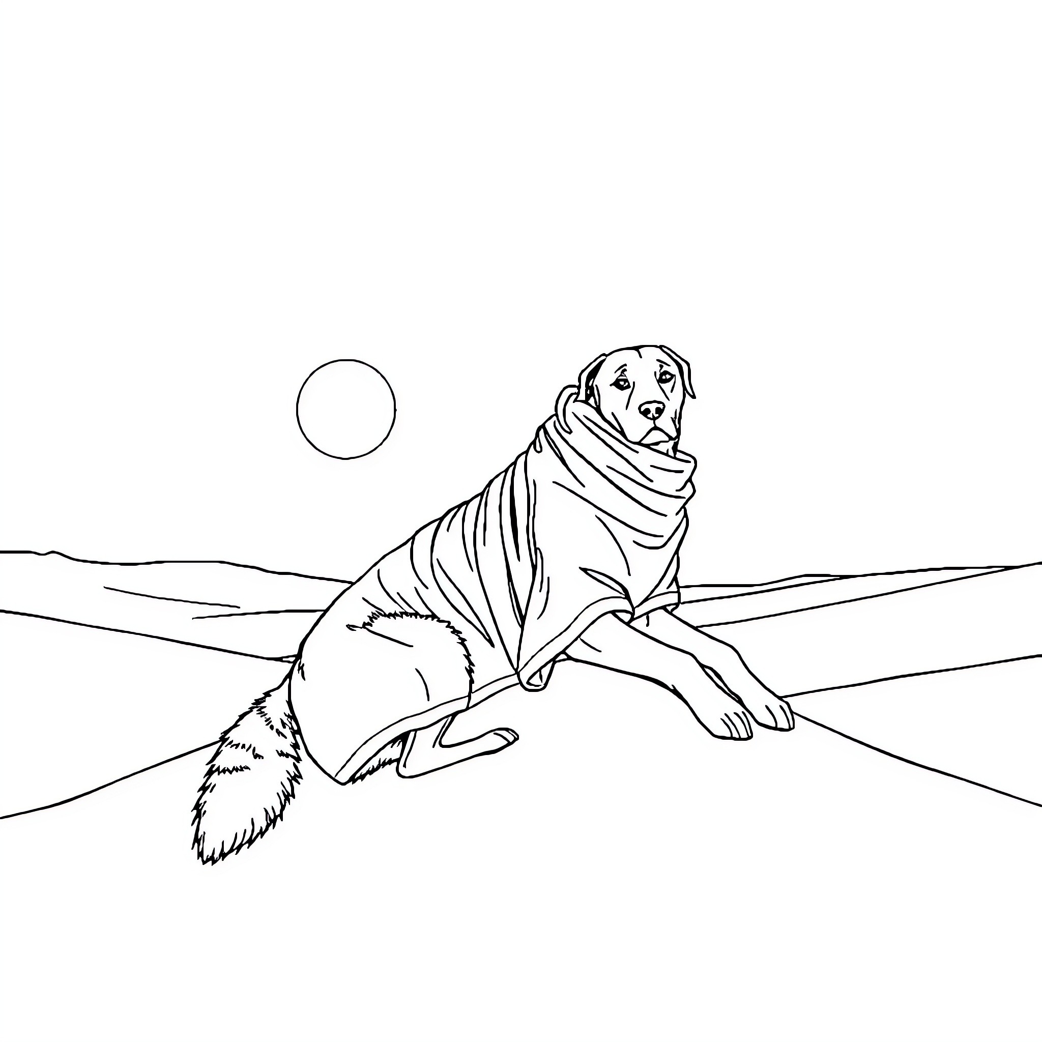 Chien resting peacefully in the desert landscape Coloring Page (free black-and-white line drawing printable PDF for all, from beginners to advanced learners, including children, teens, adults, and seniors)