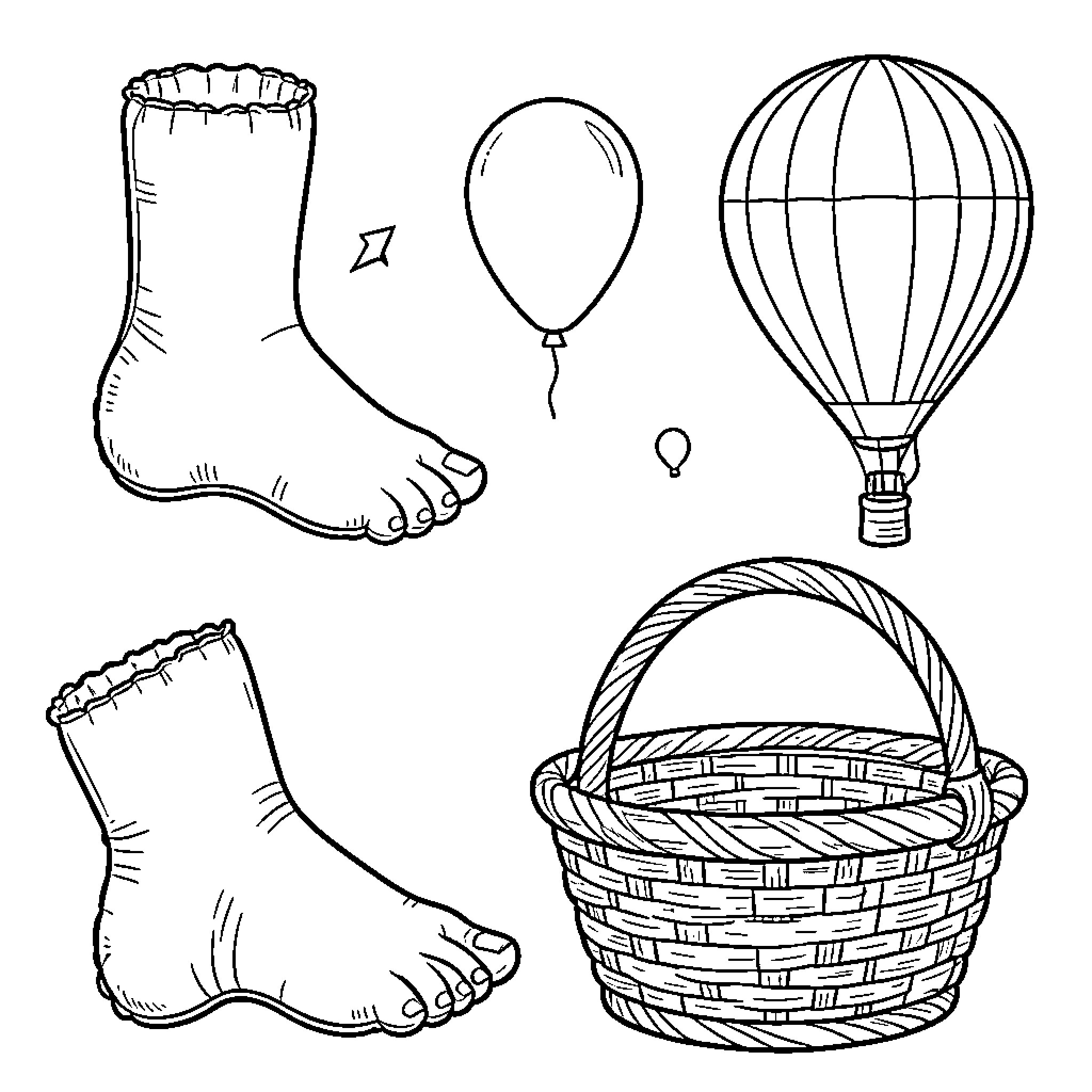 Balloon, hot air balloon, socks, and a woven basket Coloring Page (free black-and-white line drawing printable PDF for all, from beginners to advanced learners, including children, teens, adults, and seniors)