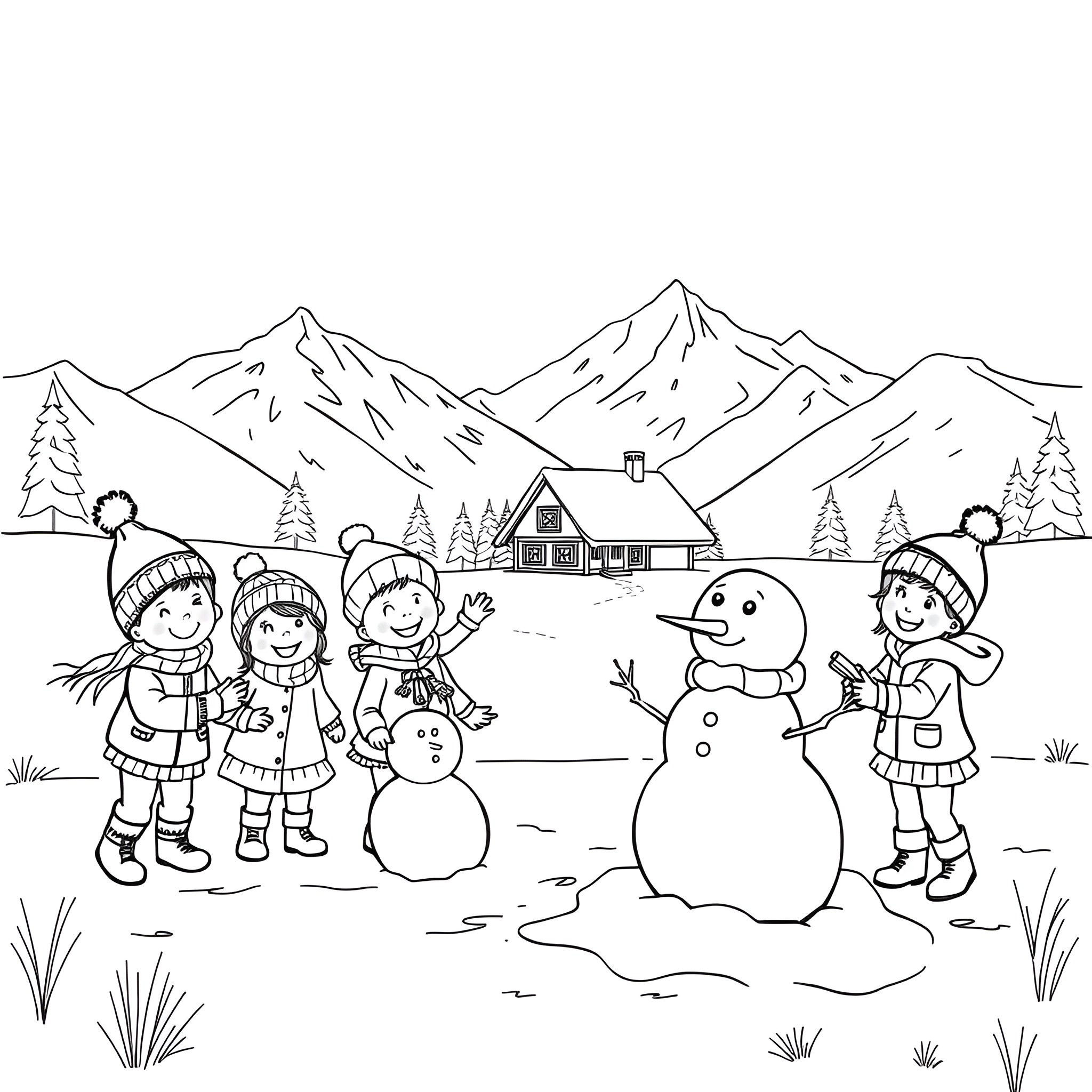 Child building a snowman with friends in the mountains Coloring Page (free black-and-white line drawing printable PDF for all, from beginners to advanced learners, including children, teens, adults, and seniors)