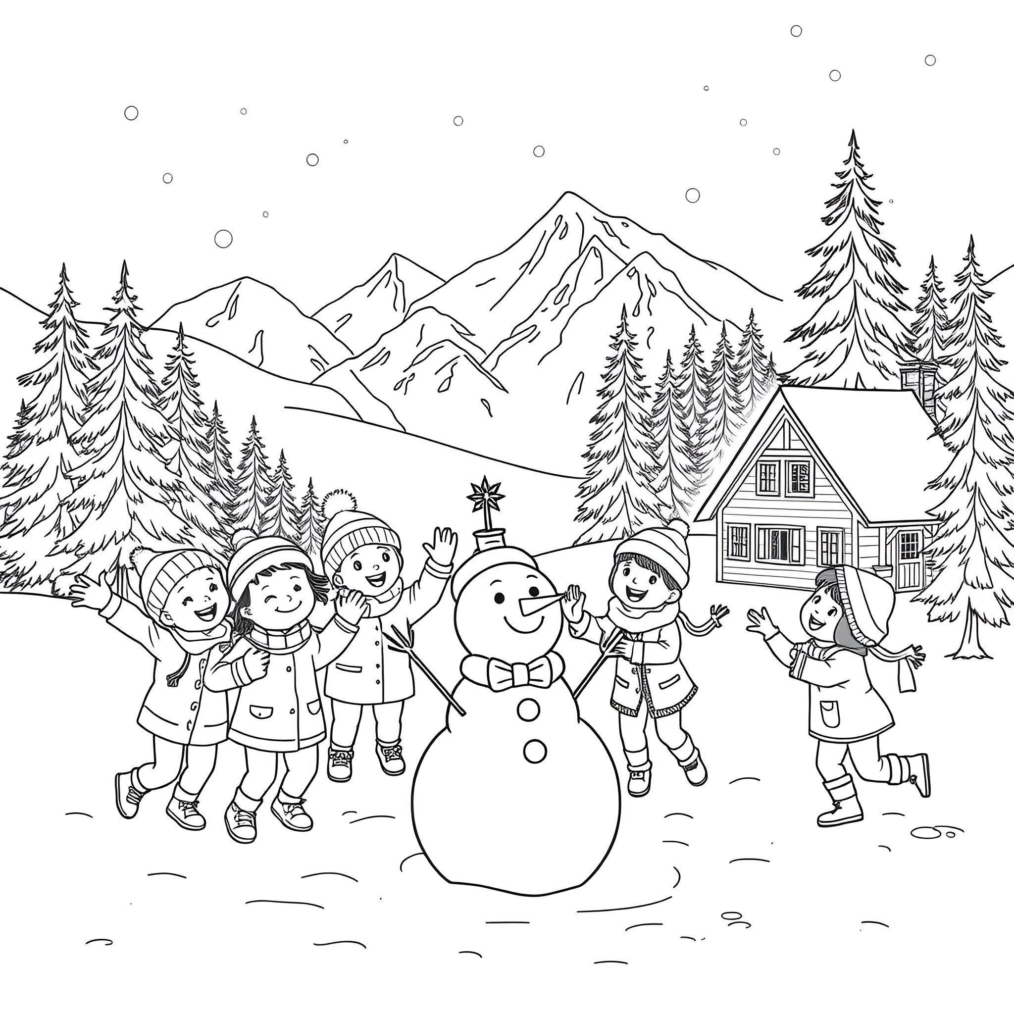 Child playing with snowman in snowy winter landscape Coloring Page (free black-and-white line drawing printable PDF for all, from beginners to advanced learners, including children, teens, adults, and seniors)