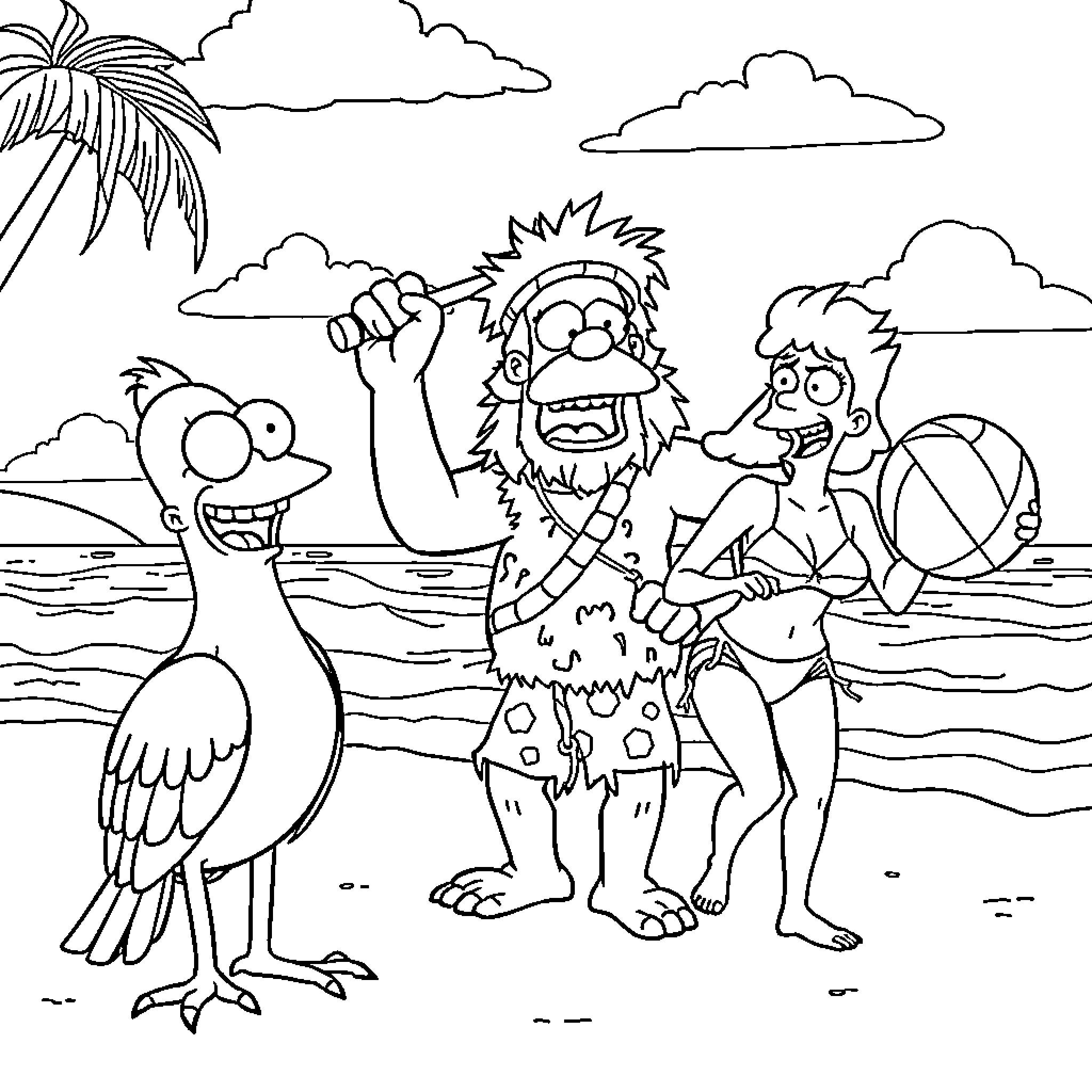 Bird friends enjoying beach day with caveman Coloring Page (free black-and-white line drawing printable PDF for all, from beginners to advanced learners, including children, teens, adults, and seniors)