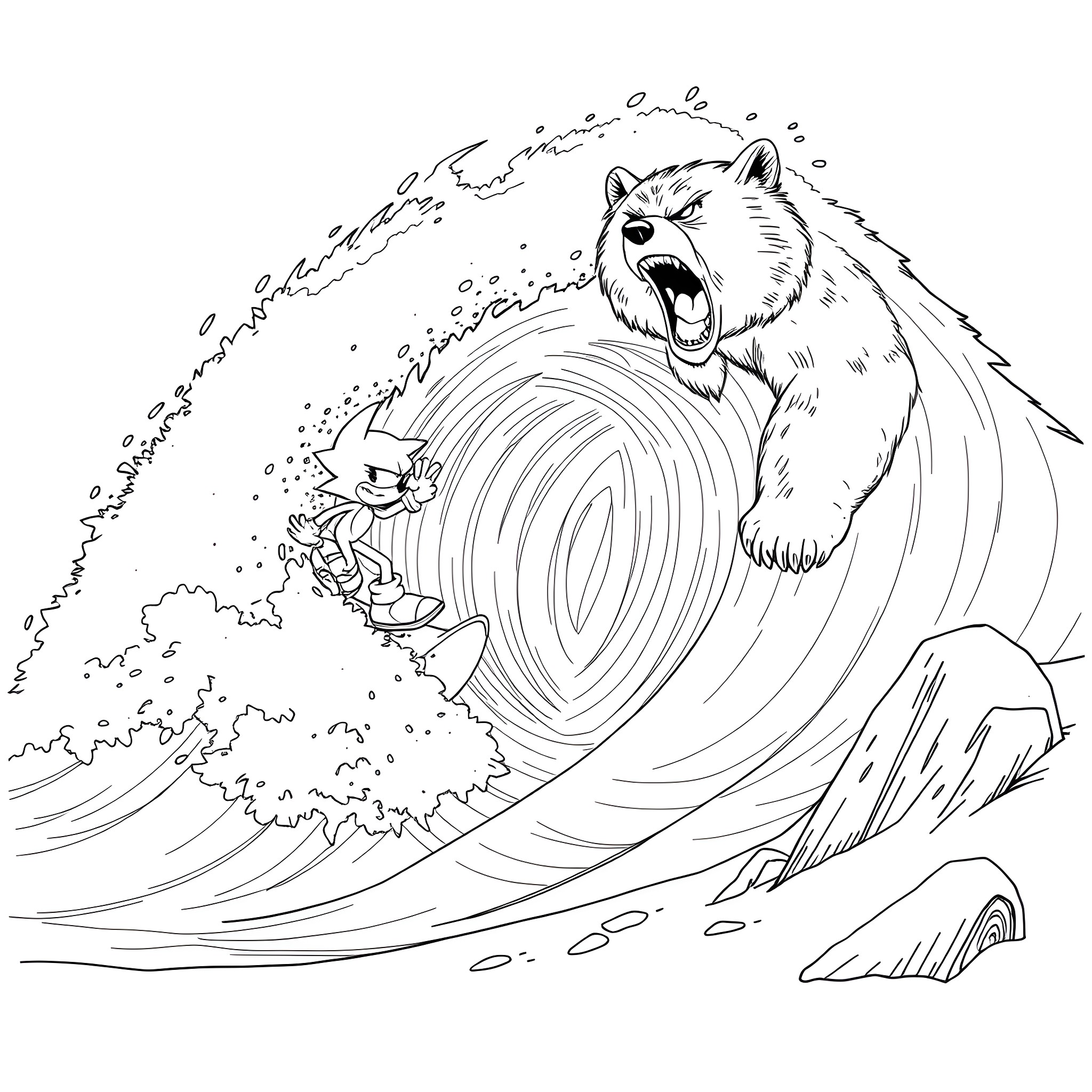 Sonic's Thrilling Surfing Adventure with a Ferocious Bear Coloring Page (free black-and-white line drawing printable PDF for all, from beginners to advanced learners, including children, teens, adults, and seniors)