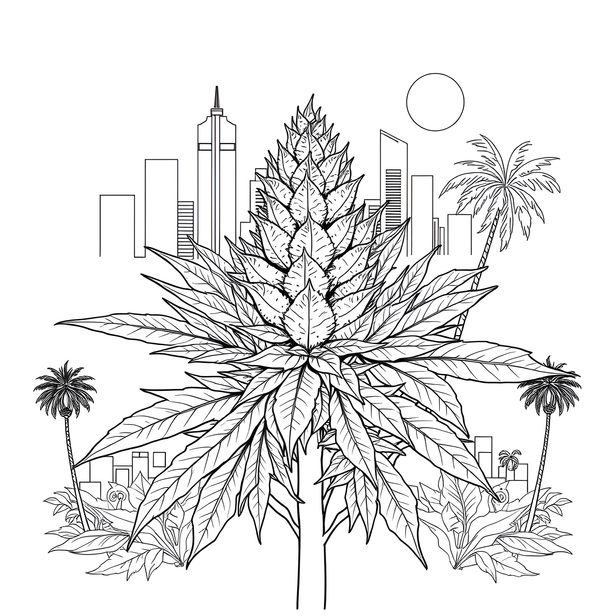 Cannabis leaves and urban skyline Coloring Page (free black-and-white line drawing printable PDF for all, from beginners to advanced learners, including children, teens, adults, and seniors)