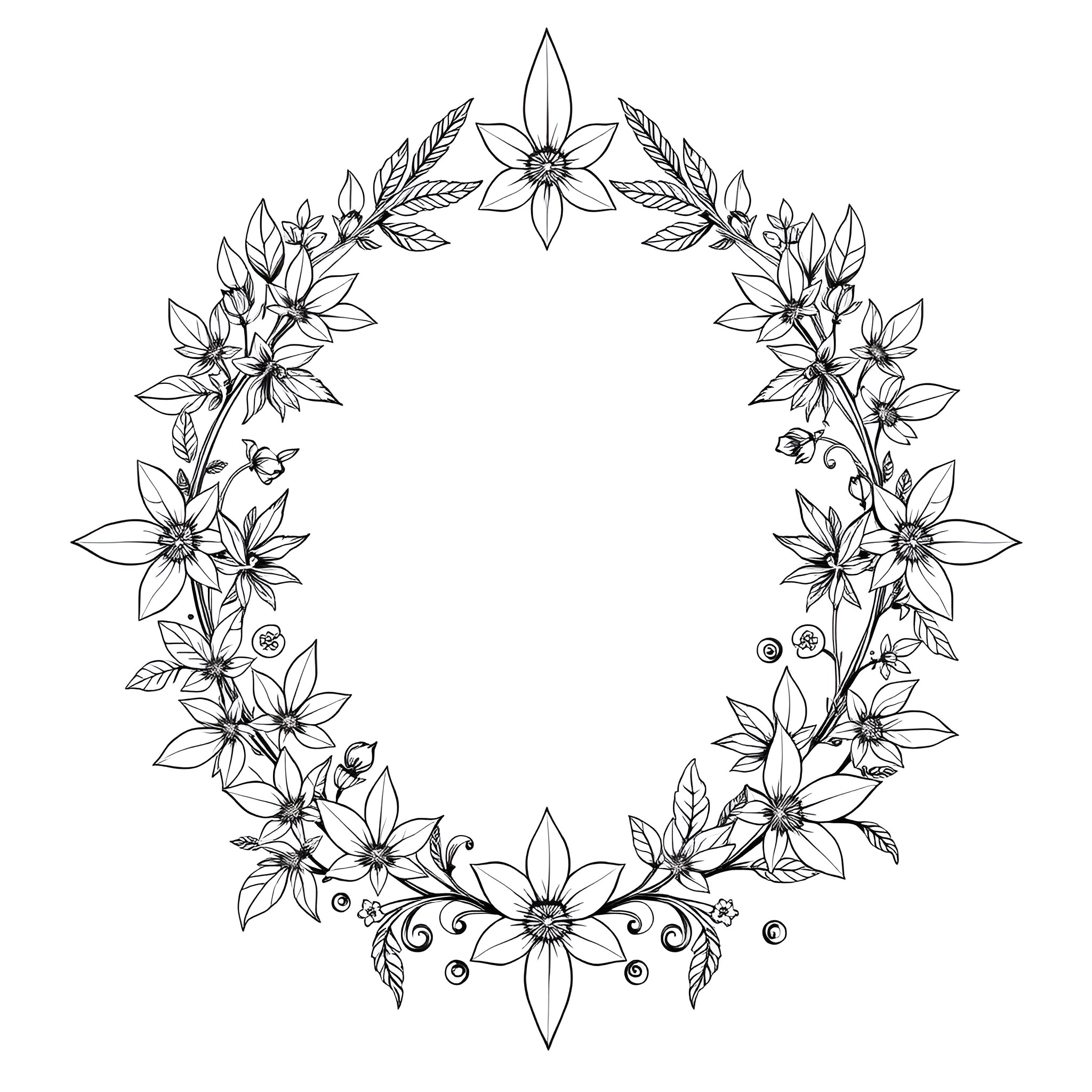 Cannabis floral wreath illustration Coloring Page (free black-and-white line drawing printable PDF for all, from beginners to advanced learners, including children, teens, adults, and seniors)