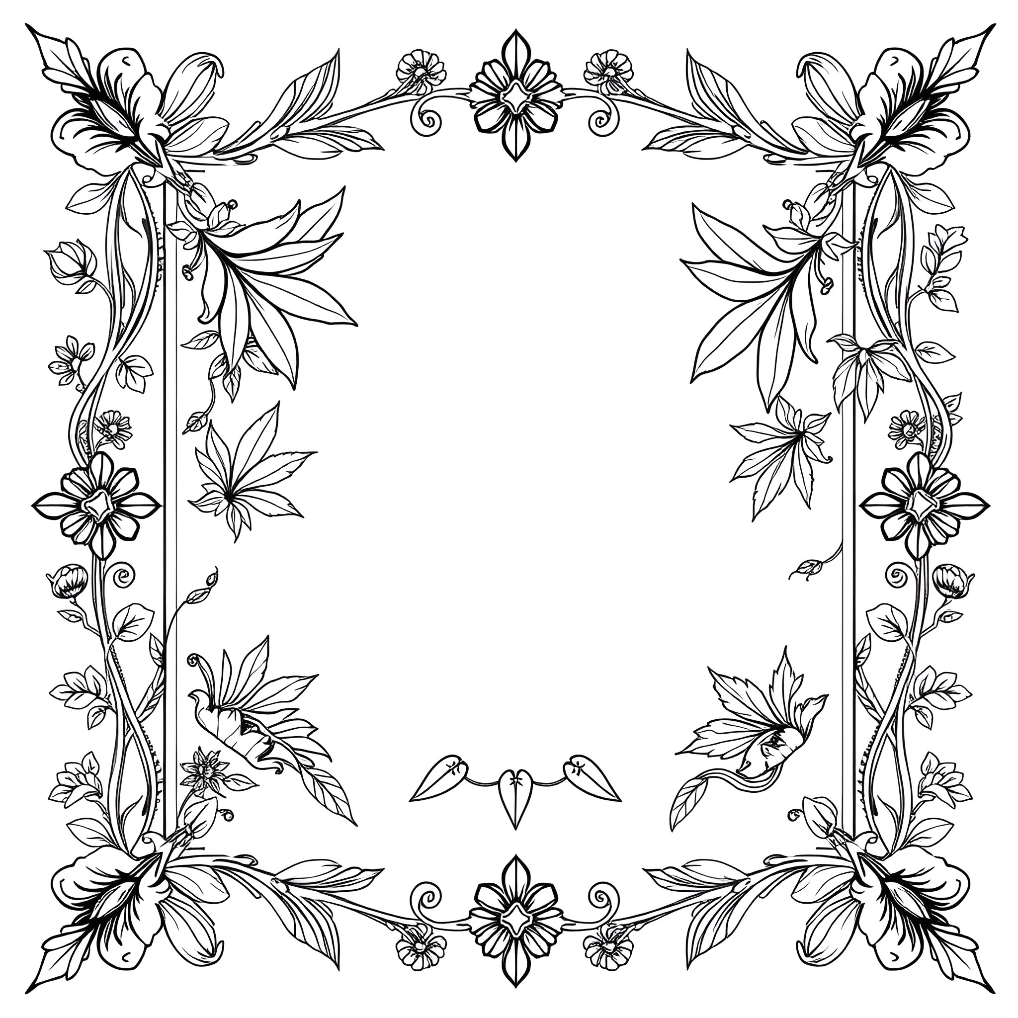 Cannabis Floral Frame with Leaves and Flowers Coloring Page (free black-and-white line drawing printable PDF for all, from beginners to advanced learners, including children, teens, adults, and seniors)