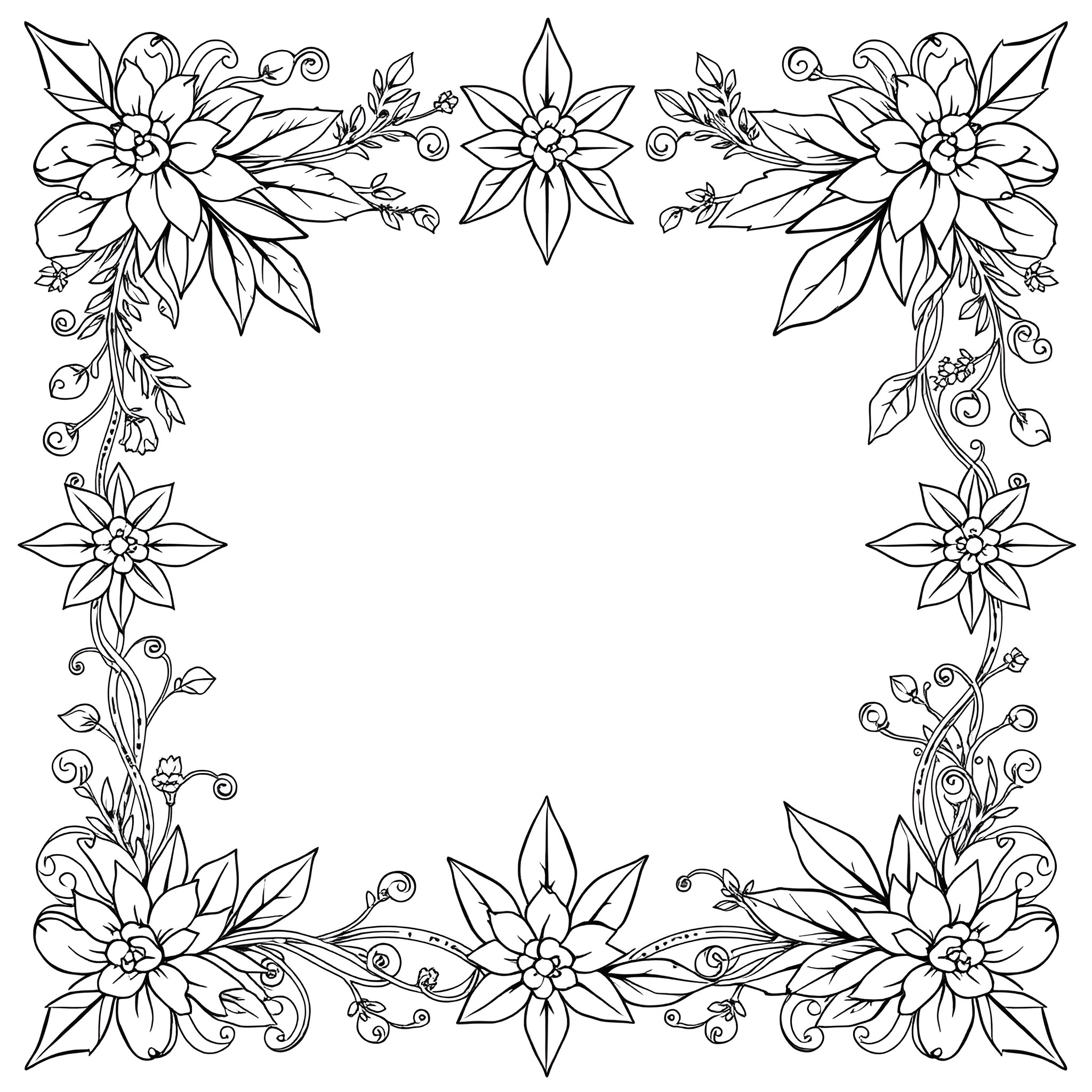 Cannabis Floral Frame with Detailed Flowers Coloring Page (free black-and-white line drawing printable PDF for all, from beginners to advanced learners, including children, teens, adults, and seniors)