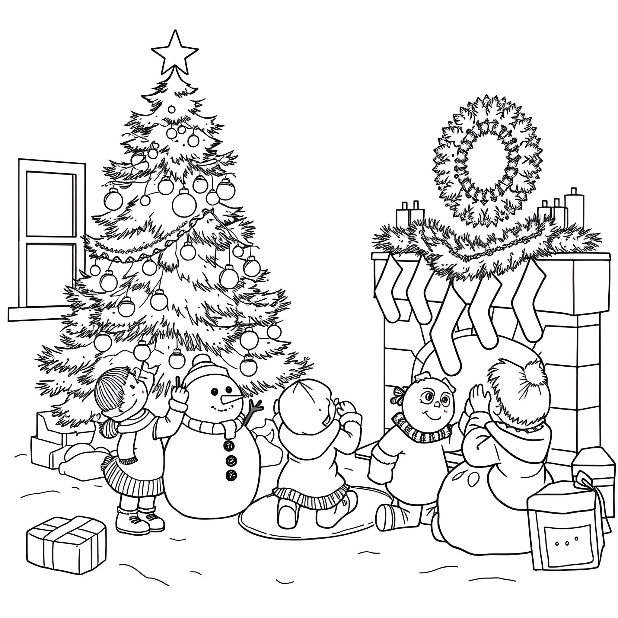 Christmas decorated tree and snowman friends Coloring Page (free black-and-white line drawing printable PDF for all, from beginners to advanced learners, including children, teens, adults, and seniors)