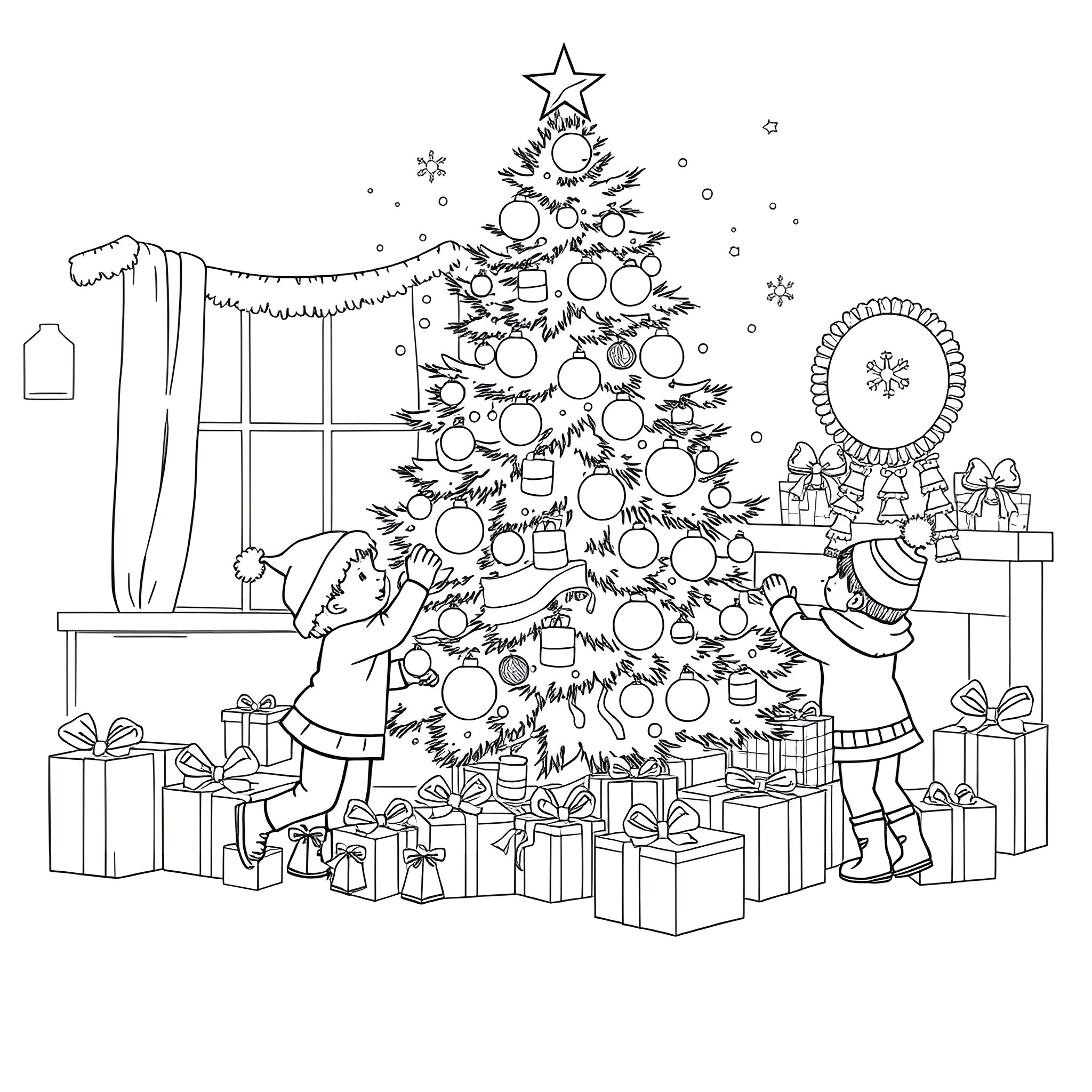 Christmas Family Decorating the Tree Together Coloring Page (free black-and-white line drawing printable PDF for all, from beginners to advanced learners, including children, teens, adults, and seniors)