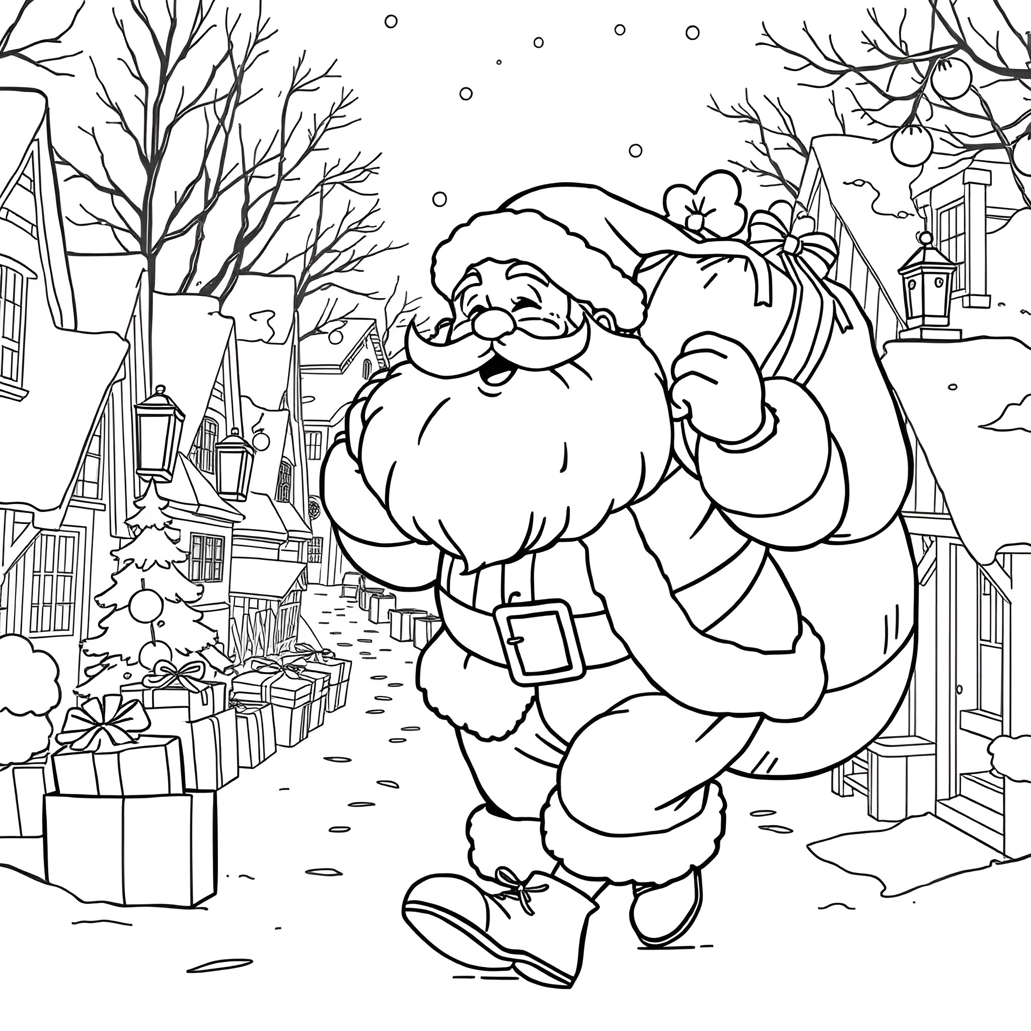 Santa Claus Enjoying Winter Scene with Gifts and Decorations Coloring Page (free black-and-white line drawing printable PDF for all, from beginners to advanced learners, including children, teens, adults, and seniors)