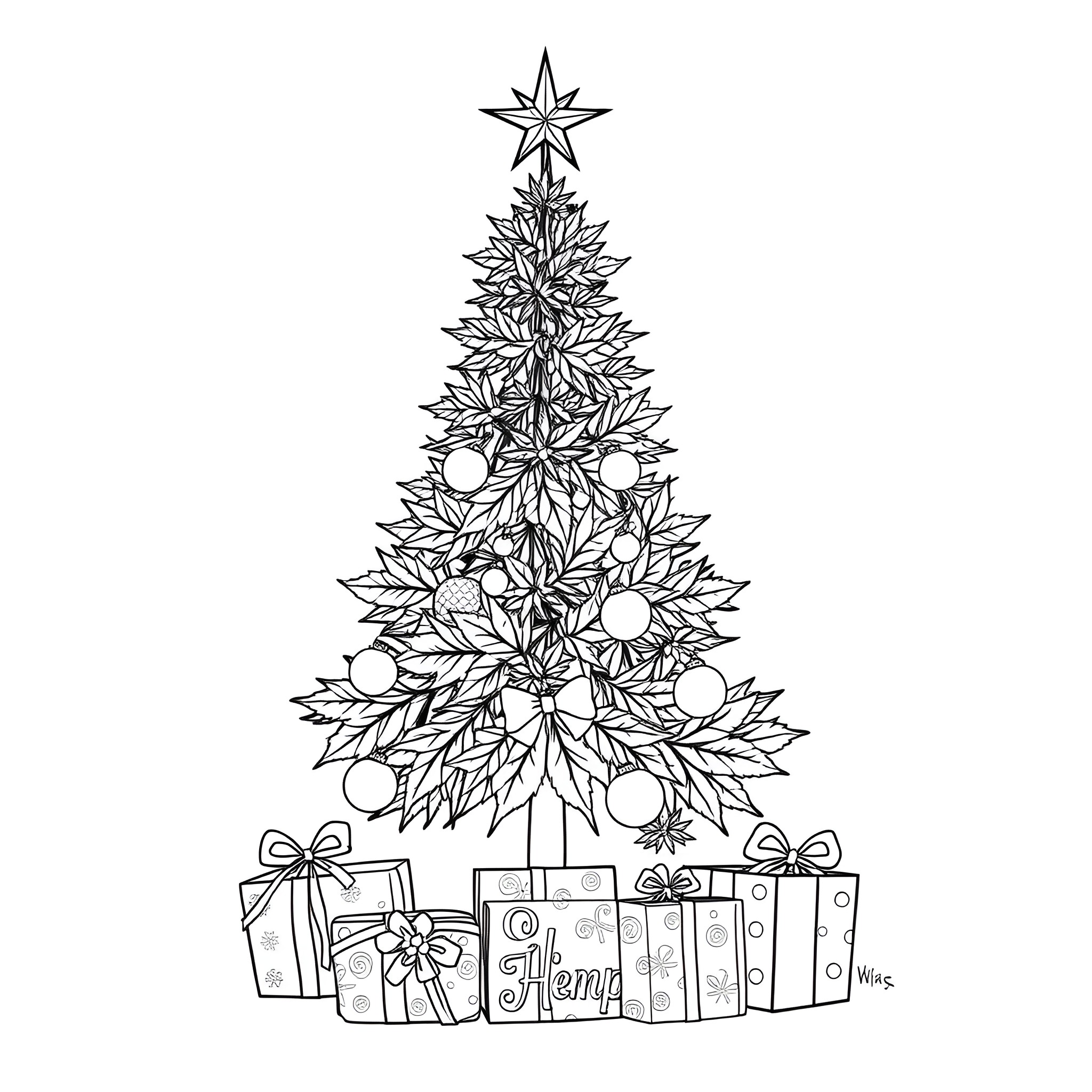 Cannabis Christmas tree with ornaments and presents Coloring Page (free black-and-white line drawing printable PDF for all, from beginners to advanced learners, including children, teens, adults, and seniors)