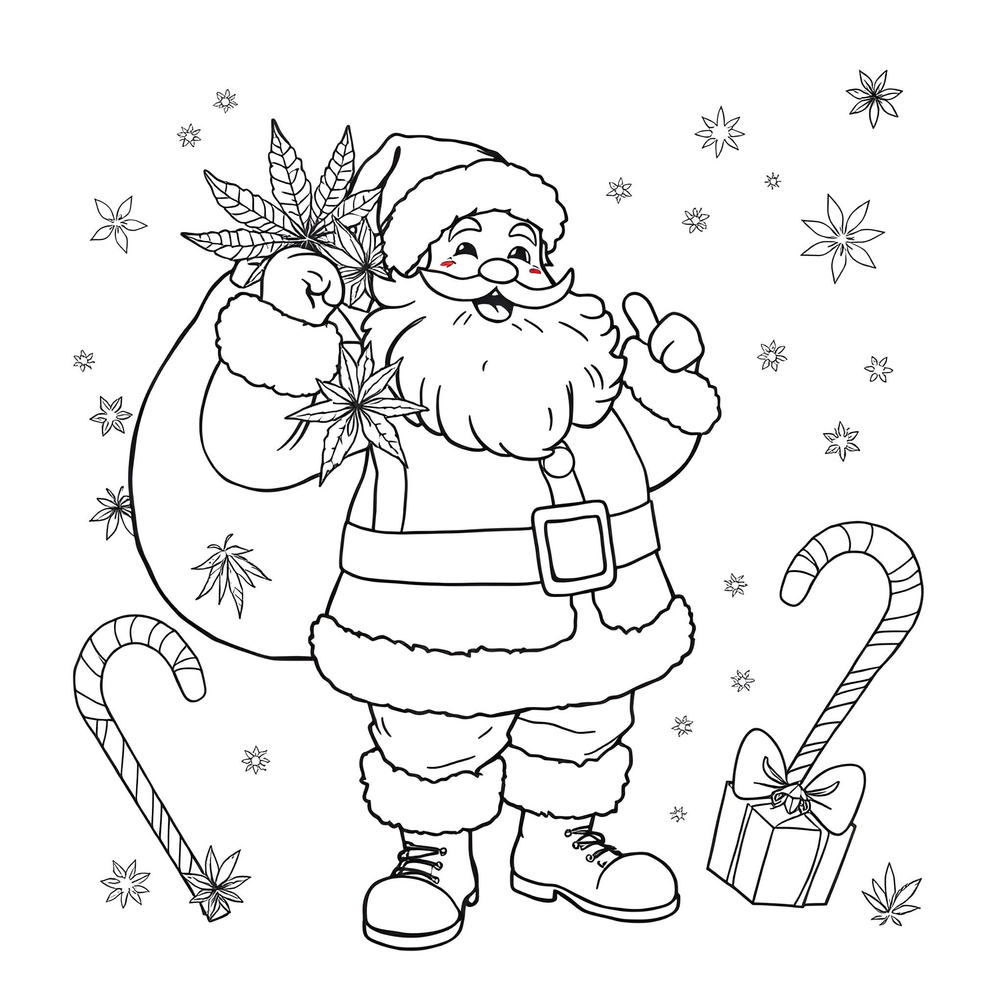 Santa Claus joyfully holding Christmas decorations Coloring Page (free black-and-white line drawing printable PDF for all, from beginners to advanced learners, including children, teens, adults, and seniors)