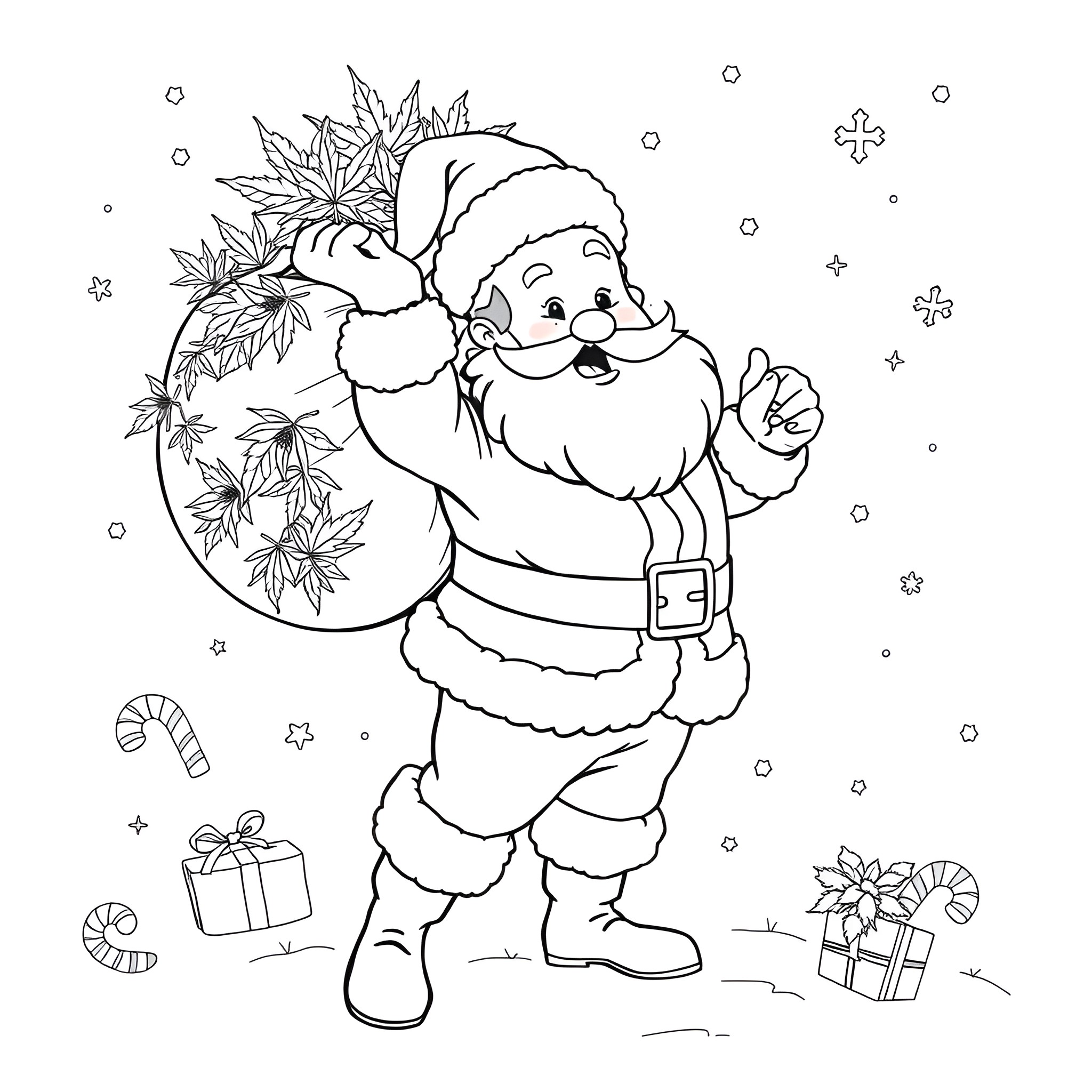 Santa carrying a bag of gifts and decorations Coloring Page (free black-and-white line drawing printable PDF for all, from beginners to advanced learners, including children, teens, adults, and seniors)