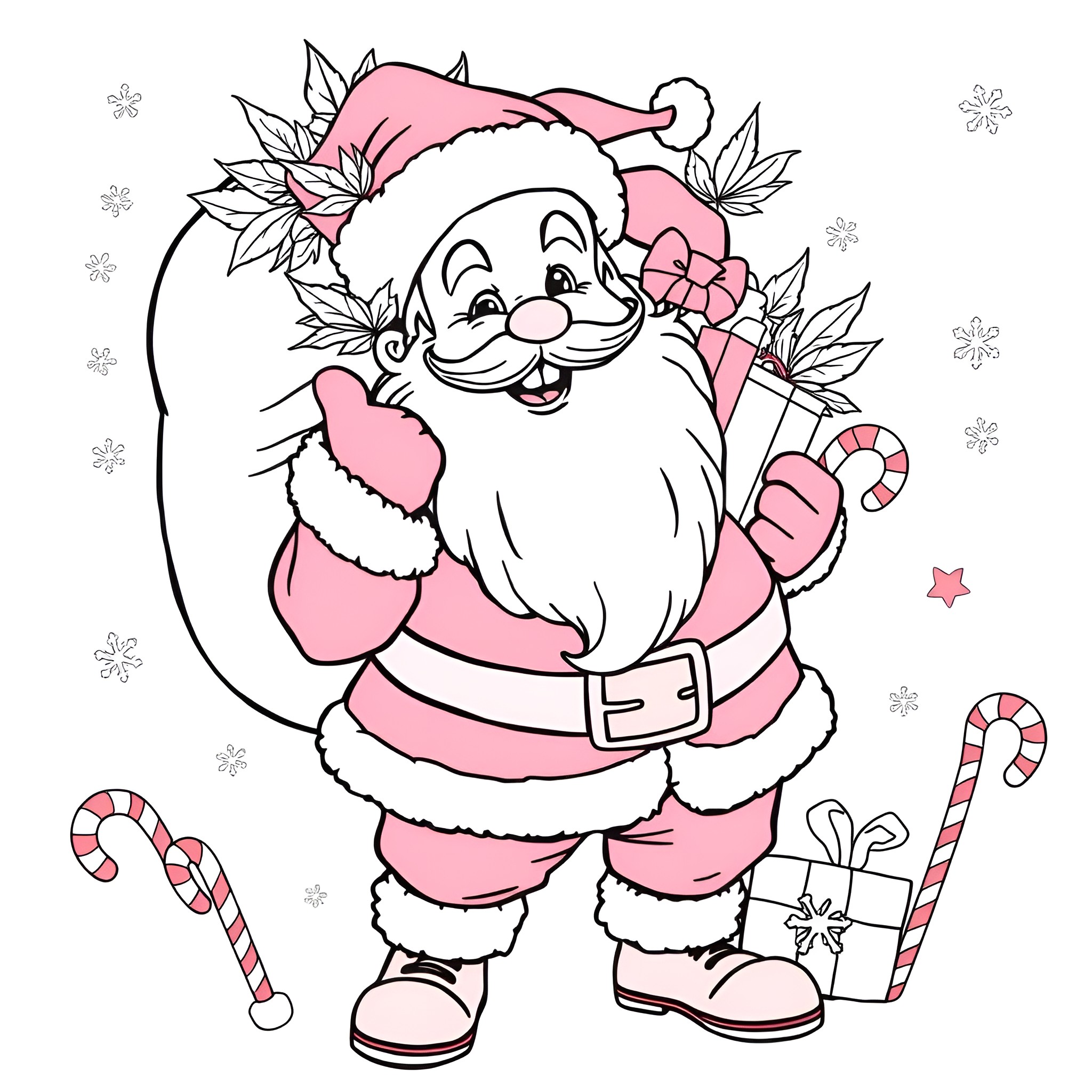 Santa in a joyful pose with candy canes and a gift Coloring Page (free black-and-white line drawing printable PDF for all, from beginners to advanced learners, including children, teens, adults, and seniors)