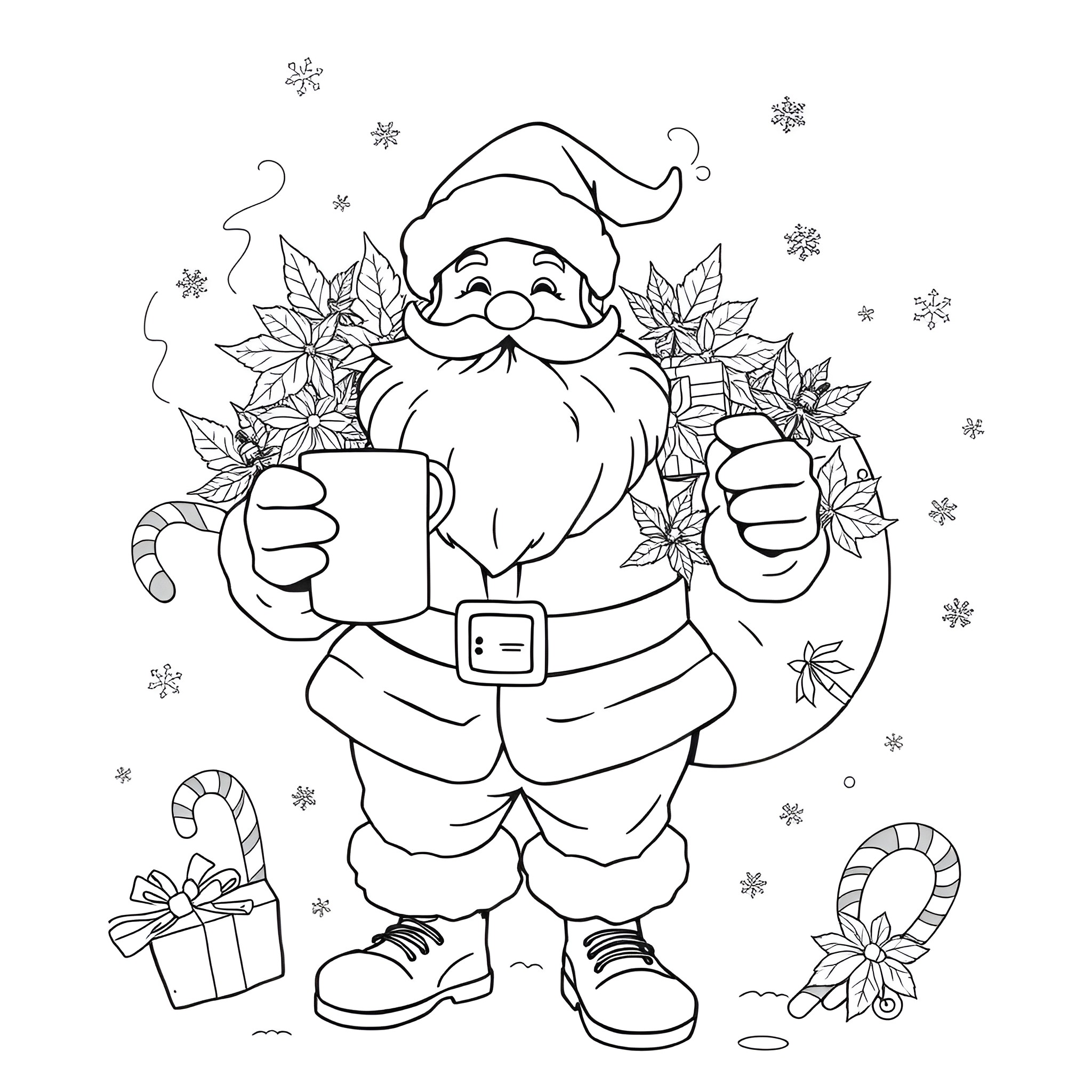 Santa enjoying a warm beverage surrounded by winter decorations Coloring Page (free black-and-white line drawing printable PDF for all, from beginners to advanced learners, including children, teens, adults, and seniors)