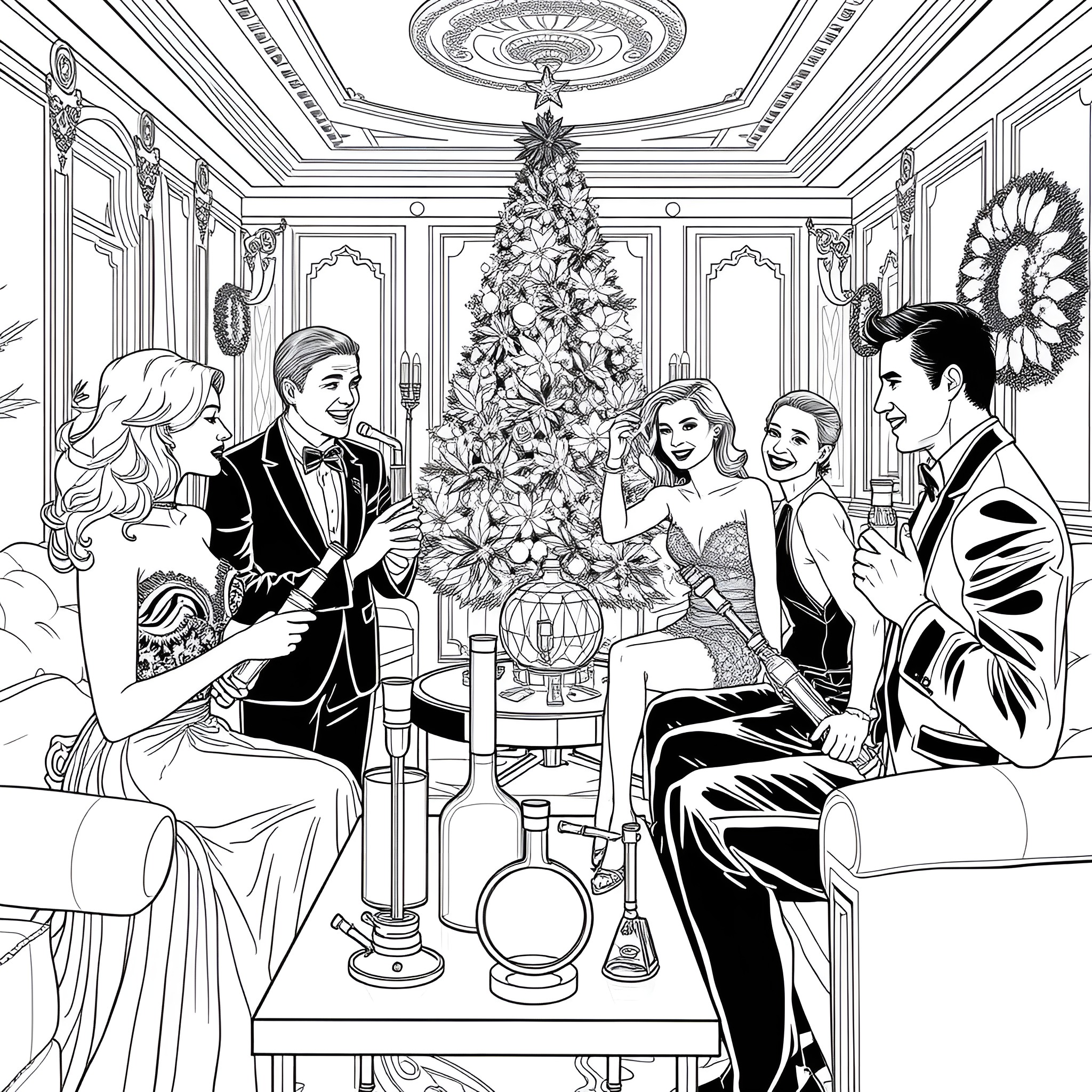 Cannabis Christmas Celebration with Elegant Formal Attire Coloring Page (free black-and-white line drawing printable PDF for all, from beginners to advanced learners, including children, teens, adults, and seniors)