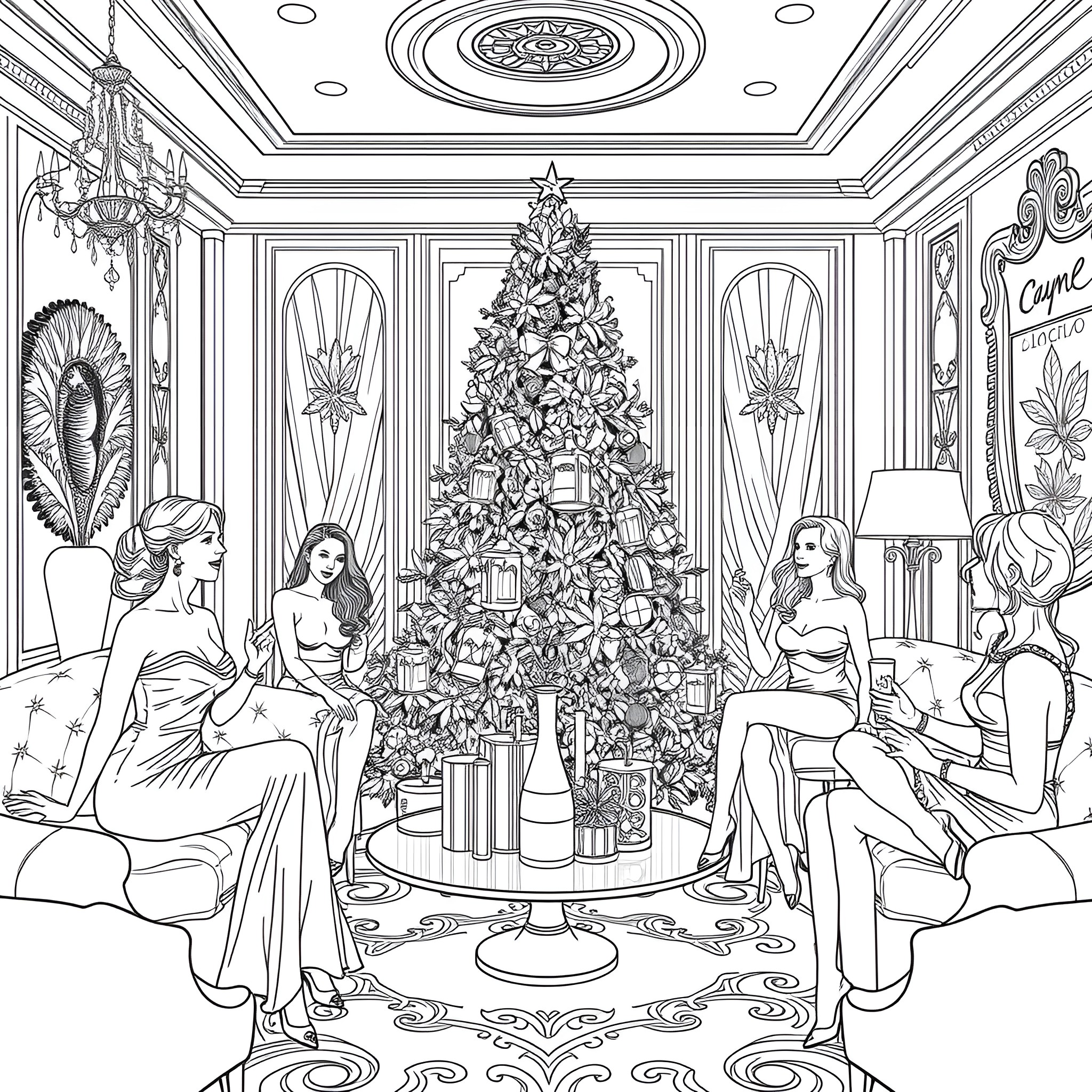 Cannabis-themed Christmas celebration with fashionable figures Coloring Page (free black-and-white line drawing printable PDF for all, from beginners to advanced learners, including children, teens, adults, and seniors)