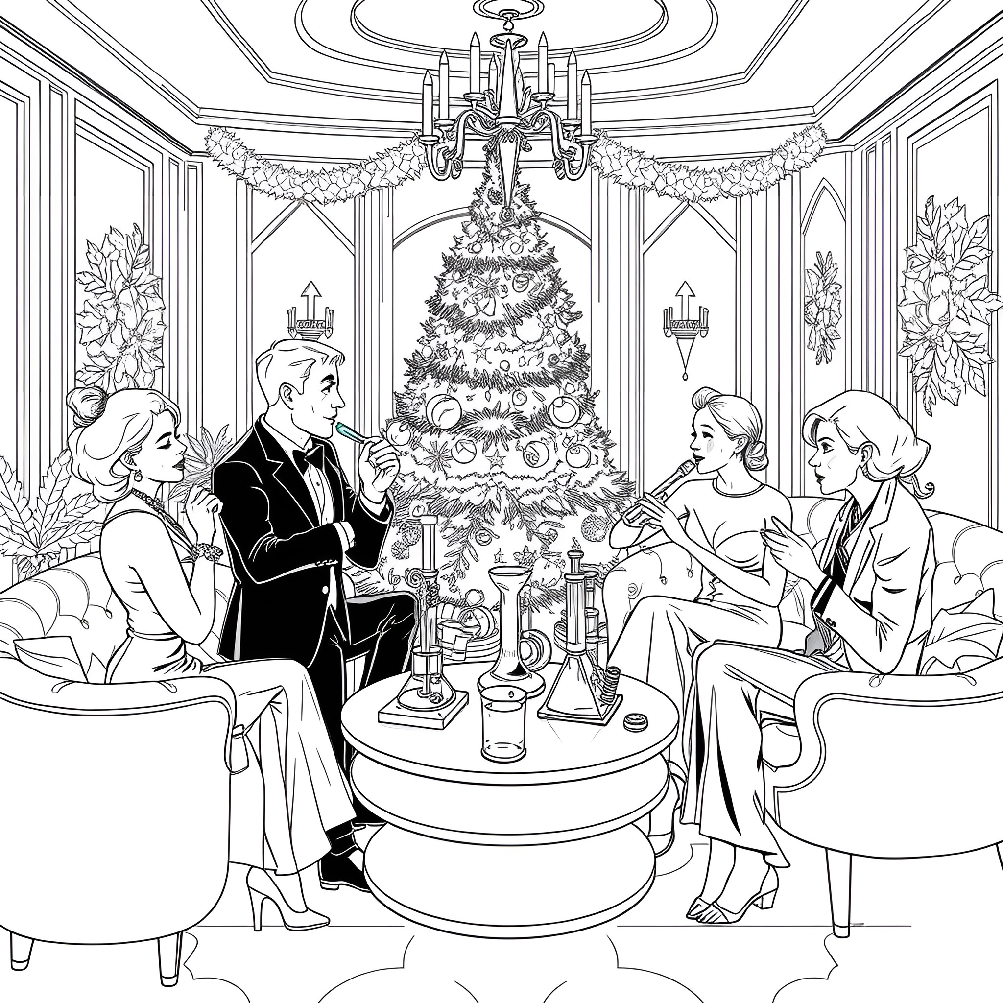 Cannabis Holiday Gathering with Elegant Decor Coloring Page (free black-and-white line drawing printable PDF for all, from beginners to advanced learners, including children, teens, adults, and seniors)
