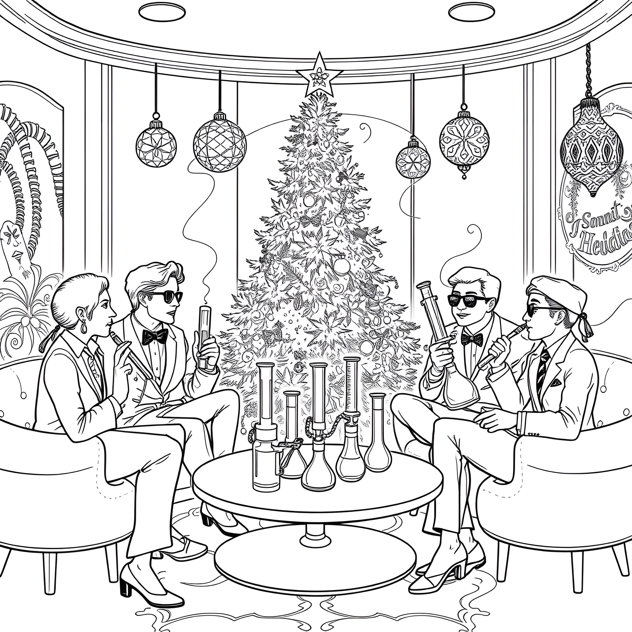 Cannabis Celebration with Friends around Christmas Tree Coloring Page (free black-and-white line drawing printable PDF for all, from beginners to advanced learners, including children, teens, adults, and seniors)