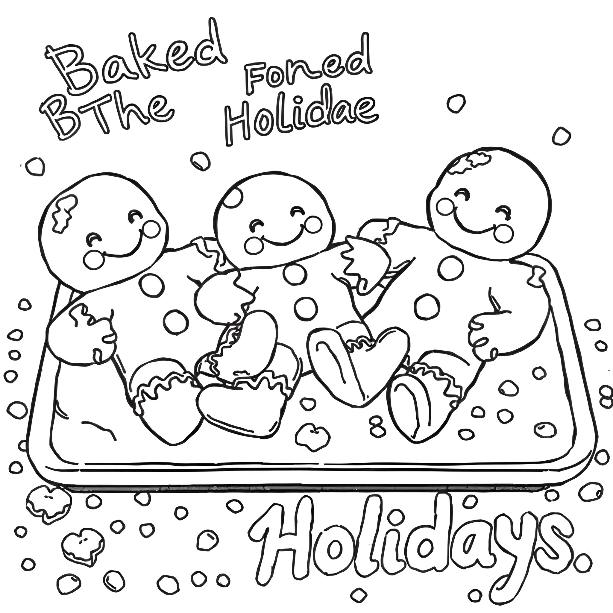 Gingerbread men baking for the holidays Coloring Page (free black-and-white line drawing printable PDF for all, from beginners to advanced learners, including children, teens, adults, and seniors)