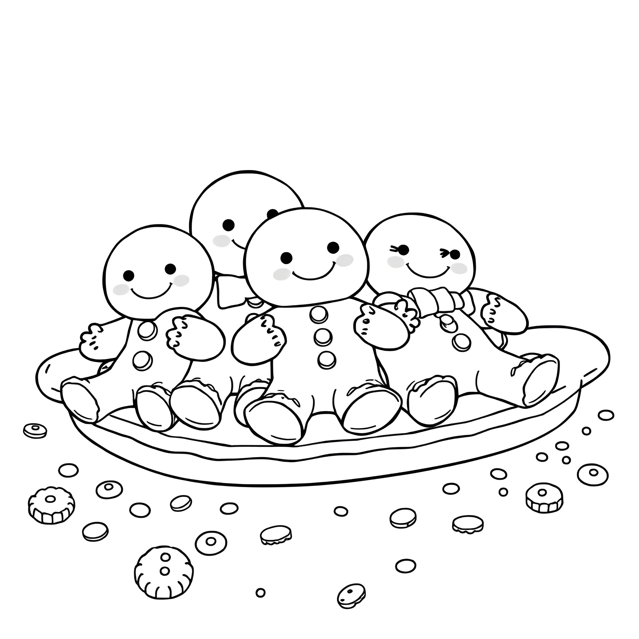 Gingerbread friends enjoying a cozy gathering Coloring Page (free black-and-white line drawing printable PDF for all, from beginners to advanced learners, including children, teens, adults, and seniors)