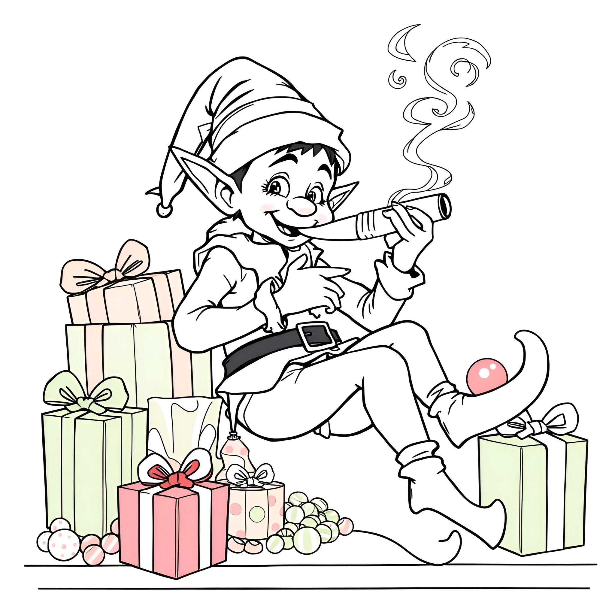 Elf with gifts enjoying a warm drink Coloring Page (free black-and-white line drawing printable PDF for all, from beginners to advanced learners, including children, teens, adults, and seniors)