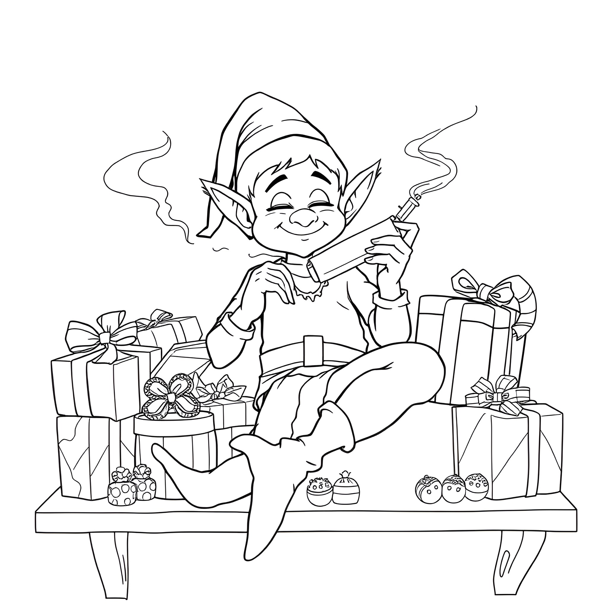 Elf enjoying presents and treats in festive scene Coloring Page (free black-and-white line drawing printable PDF for all, from beginners to advanced learners, including children, teens, adults, and seniors)
