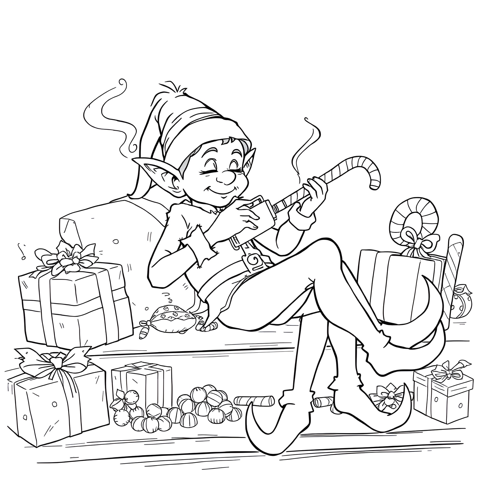 Elf enjoying holiday gifts and treats Coloring Page (free black-and-white line drawing printable PDF for all, from beginners to advanced learners, including children, teens, adults, and seniors)