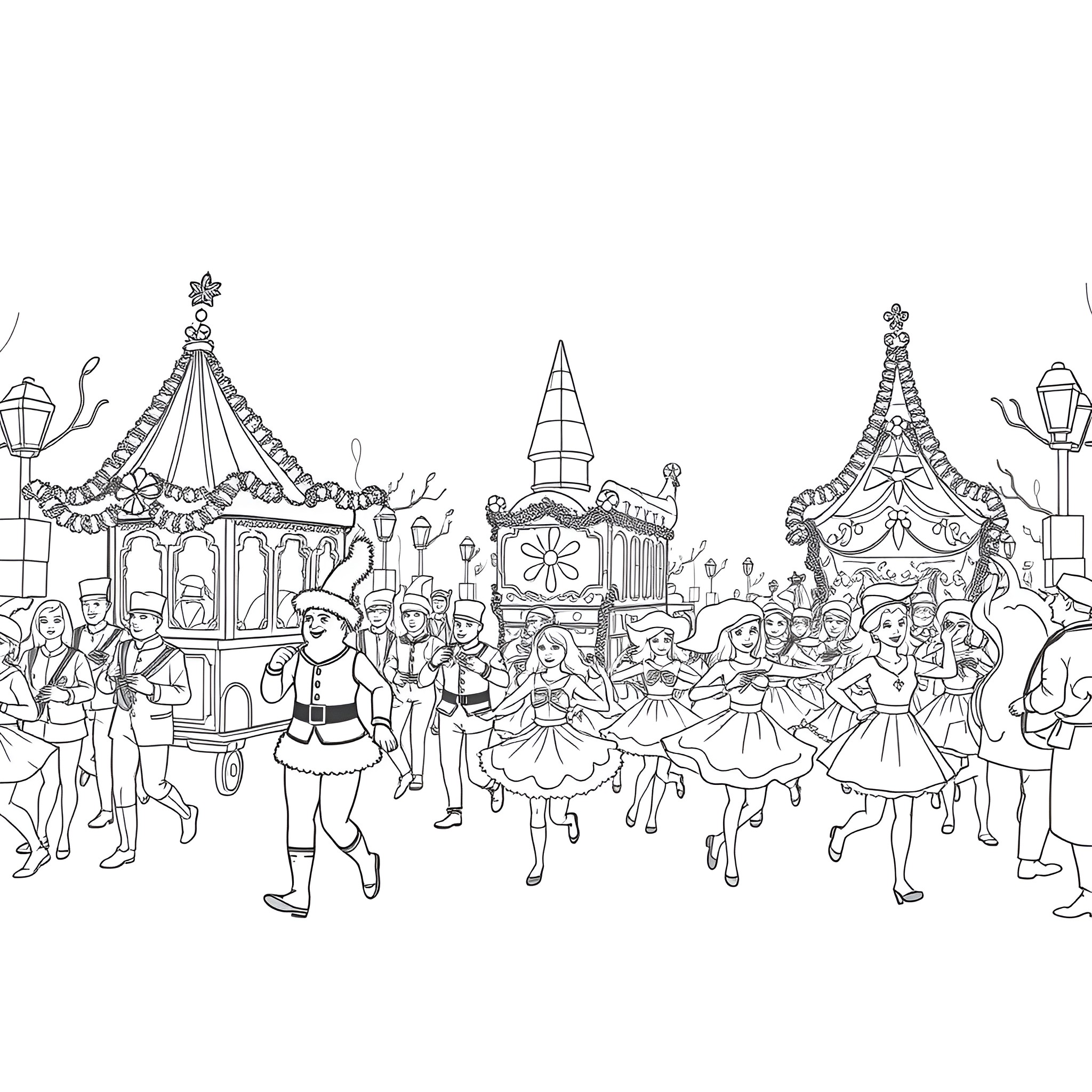 Christmas festival with dancing performers and festive decorations Coloring Page (free black-and-white line drawing printable PDF for all, from beginners to advanced learners, including children, teens, adults, and seniors)