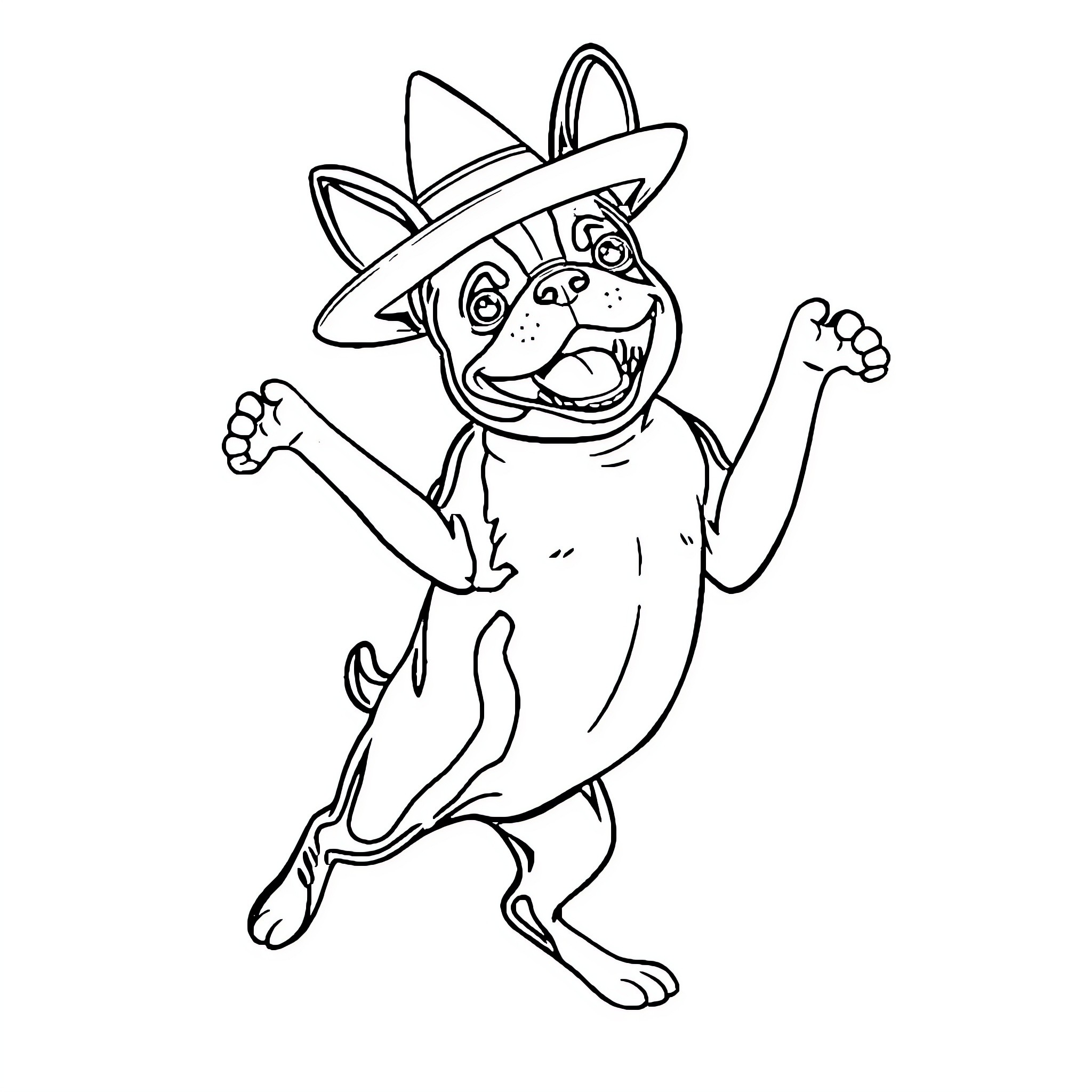 Boston Terrier wearing a sombrero and celebrating Coloring Page (free black-and-white line drawing printable PDF for all, from beginners to advanced learners, including children, teens, adults, and seniors)