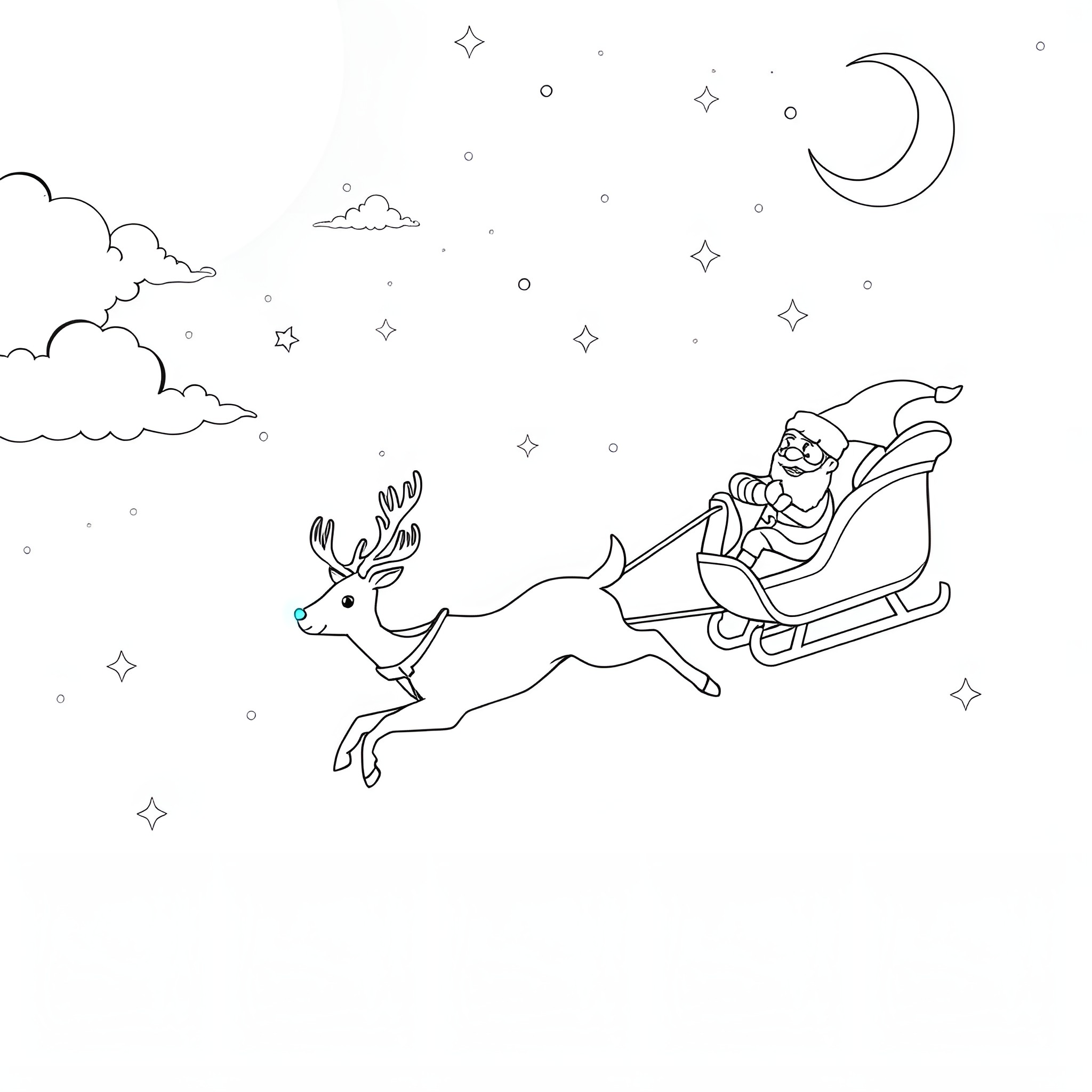 Rudolph pulling Santa's sleigh at night Coloring Page (free black-and-white line drawing printable PDF for all, from beginners to advanced learners, including children, teens, adults, and seniors)