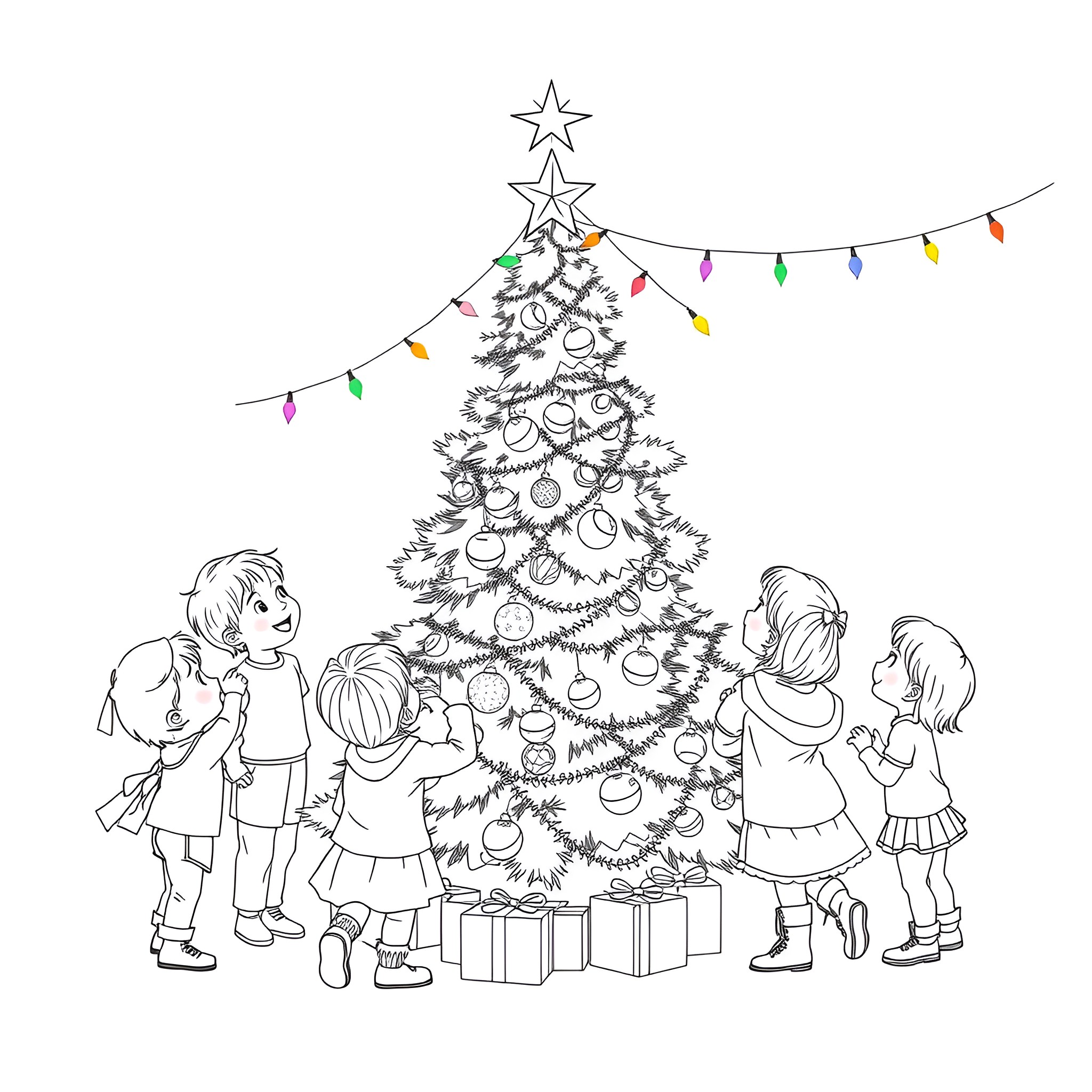 Children decorating a Christmas tree together Coloring Page (free black-and-white line drawing printable PDF for all, from beginners to advanced learners, including children, teens, adults, and seniors)