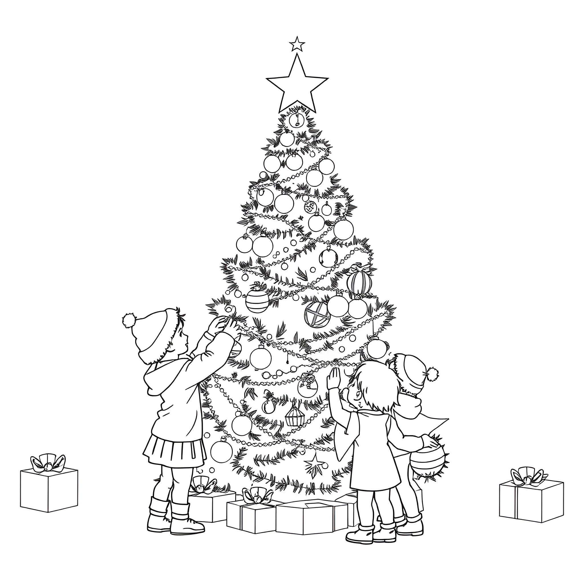Children decorating Christmas tree together Coloring Page (free black-and-white line drawing printable PDF for all, from beginners to advanced learners, including children, teens, adults, and seniors)