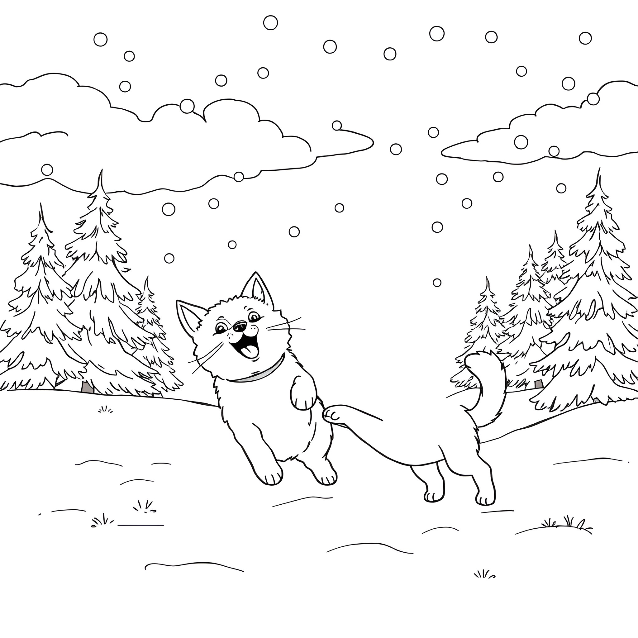 Cat and Dog playing in the snowy forest Coloring Page (free black-and-white line drawing printable PDF for all, from beginners to advanced learners, including children, teens, adults, and seniors)