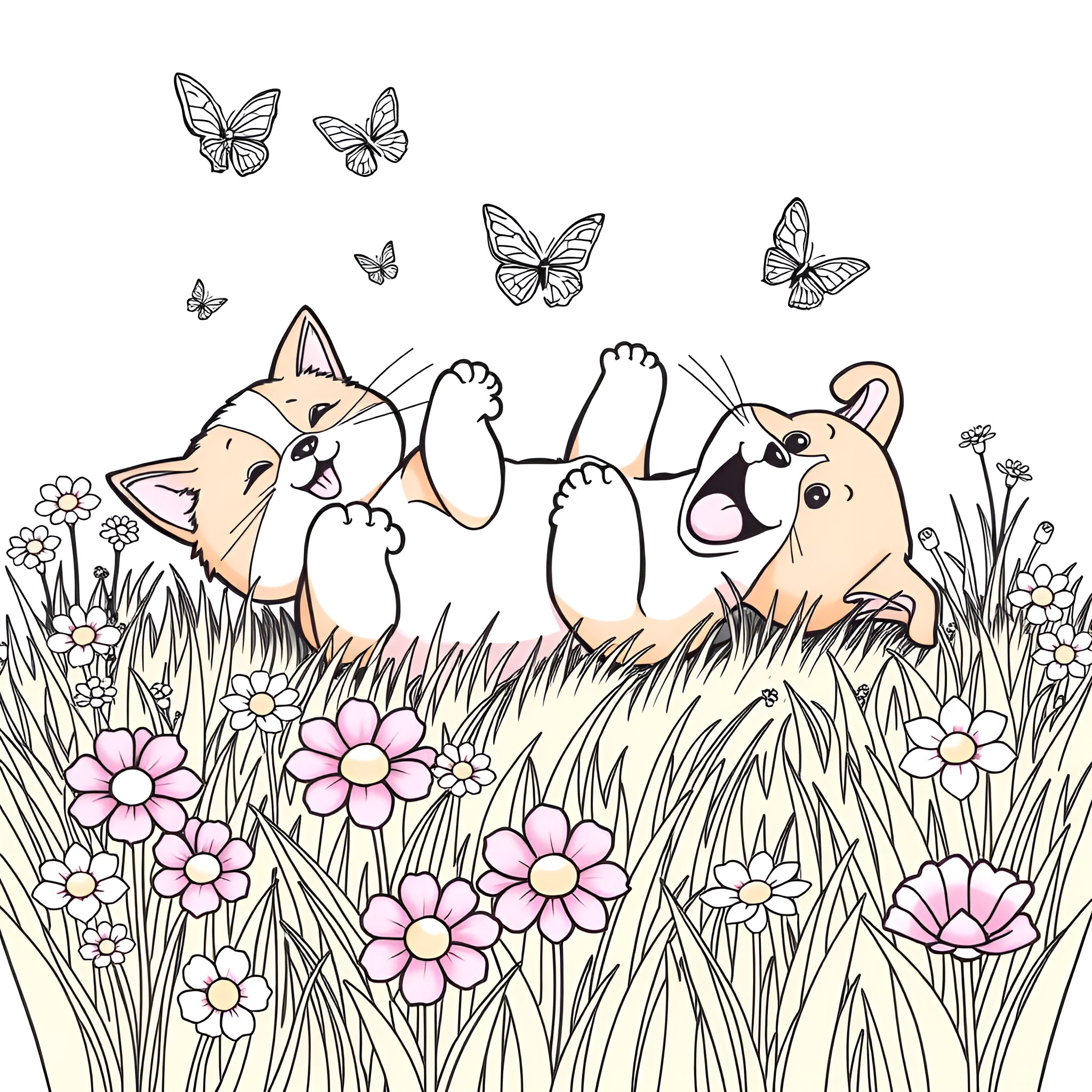 Cat and dog playing in a field of flowers Coloring Page (free black-and-white line drawing printable PDF for all, from beginners to advanced learners, including children, teens, adults, and seniors)