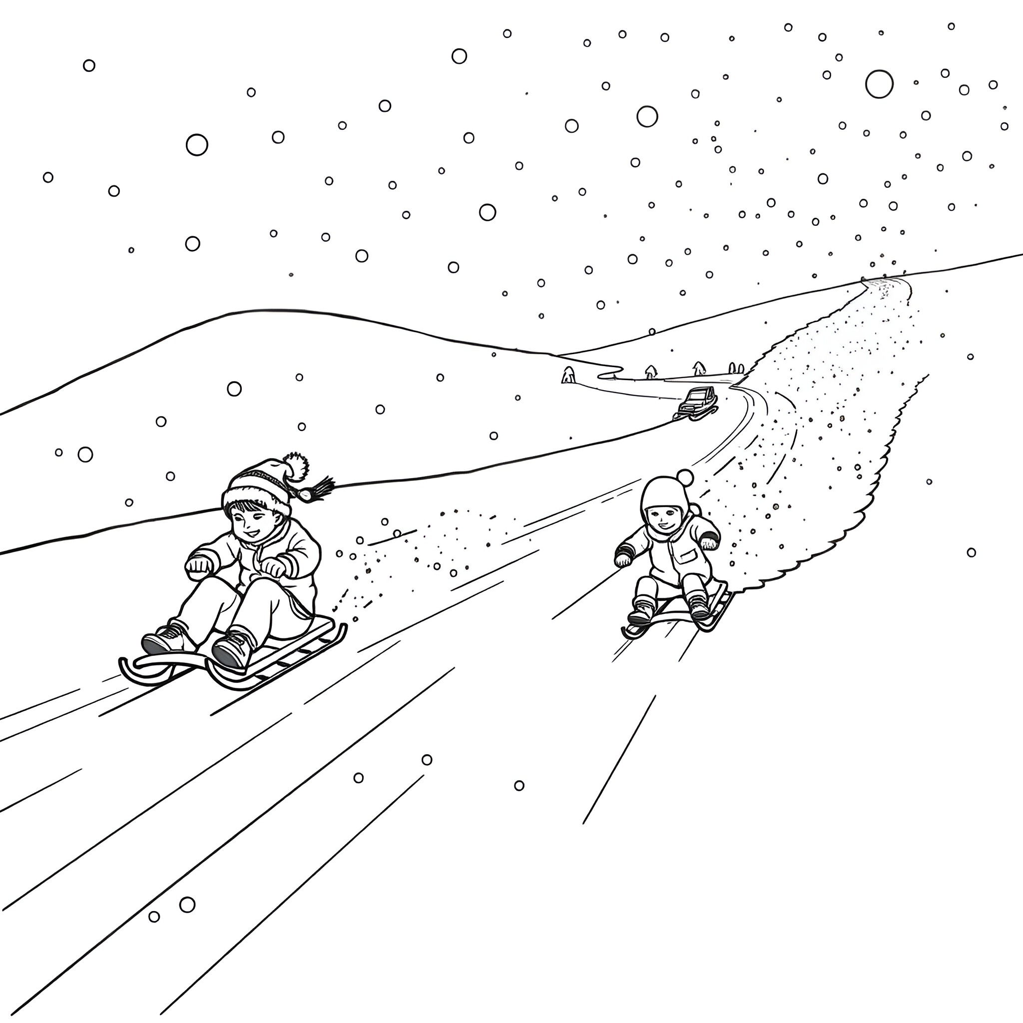 Child sledding down a snowy hill with friends Coloring Page (free black-and-white line drawing printable PDF for all, from beginners to advanced learners, including children, teens, adults, and seniors)