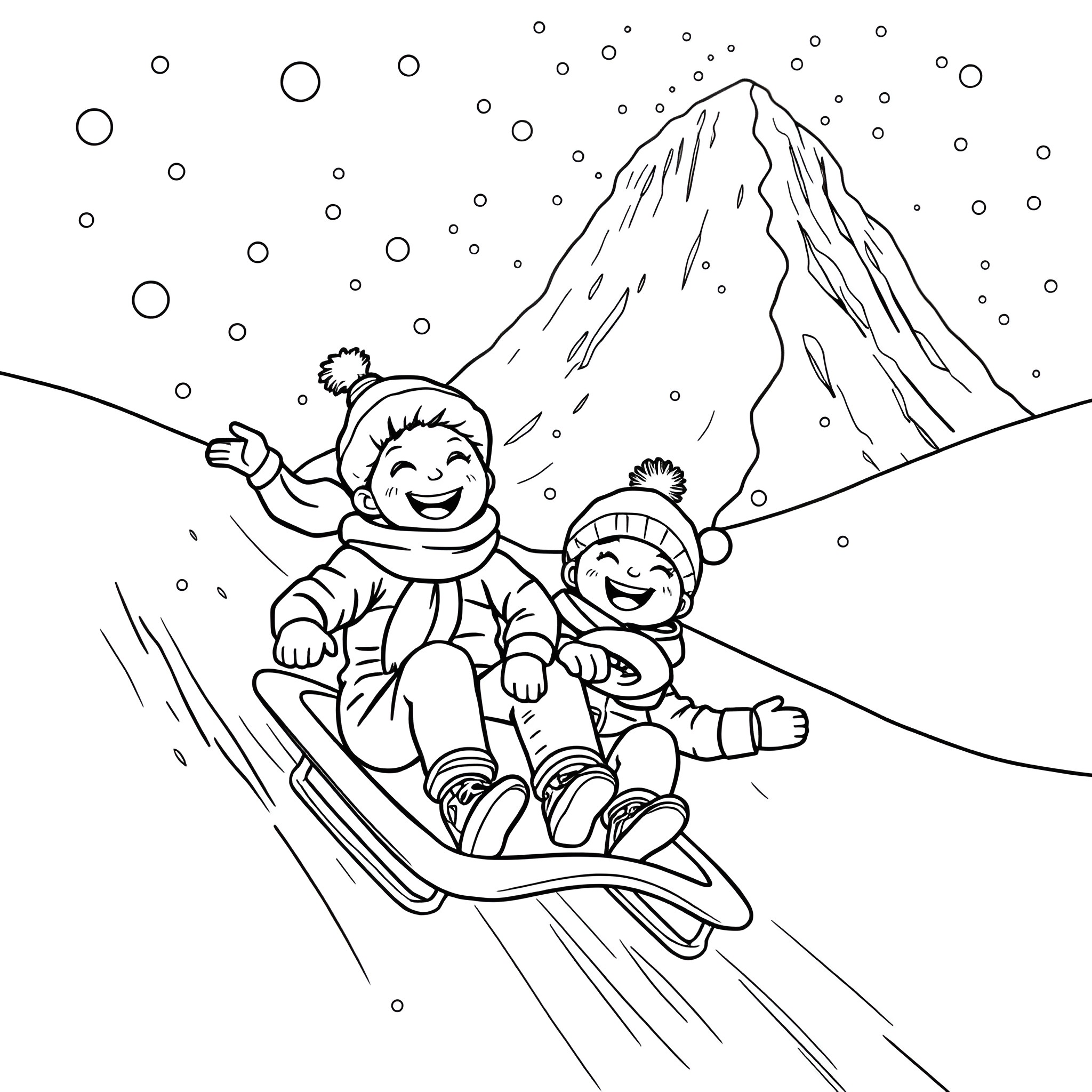 Children playing happily in the snow Coloring Page (free black-and-white line drawing printable PDF for all, from beginners to advanced learners, including children, teens, adults, and seniors)